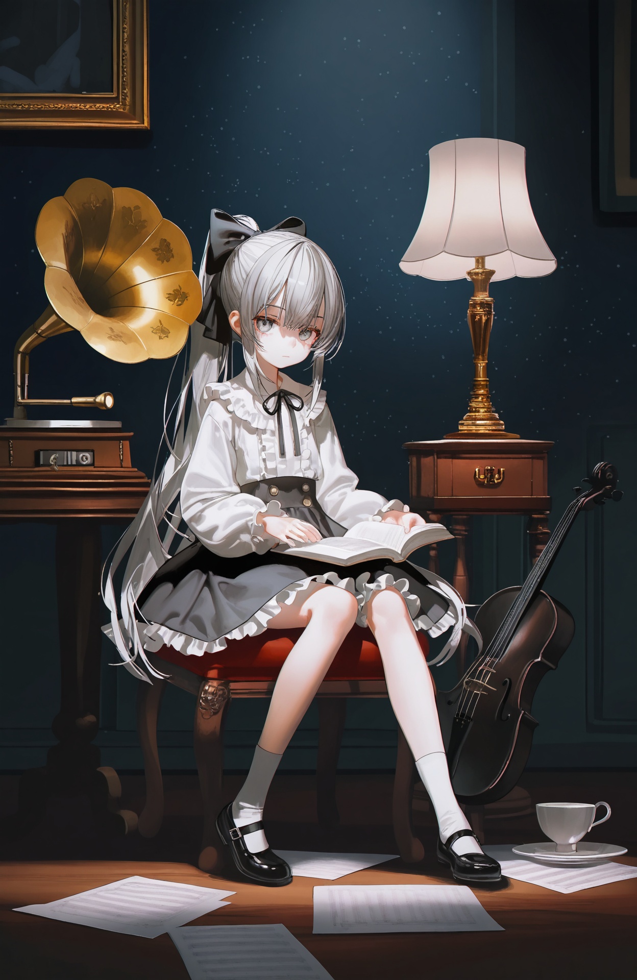 masterpiece,highres,absurdres,best quality,high quality,loli,petite,chromatic_aberration,stars,night,//,1girl, phonograph, instrument, solo, violin, shirt, shoes, grey hair, skirt, grey eyes, book, sitting, long hair, frills, white socks, socks, ponytail, long sleeves, black footwear, white shirt, black skirt, bow, black bow, cup, open book, mary janes, very long hair, indoors, lamp, hair bow, teacup, looking at viewer, piano, puffy sleeves, puffy long sleeves, closed mouth, neck ribbon, frilled skirt, center frills, tea, saucer, black ribbon, bow (music), picture frame, full body, ribbon, frilled shirt, frilled shirt collar, sidelocks, painting (object), sheet music, table, collared shirt, drawing (object), expressionless//,high contrast,vibrant colors,light,depth of field,light particles,//,(artist:wanke:0.3),(artist:alphonse \(white datura\):0.3),(artist:fkey:0.5),(artist:dino \(dinoartforame\):0.4),artist:iumu,(artist:pottsness:0.6),(artist:onineko:0.5),(artist:ciloranko:0.8),(artist:john kafka:0.8),(artist:betabeet:0.5),(artist:quasarcake:0.8),