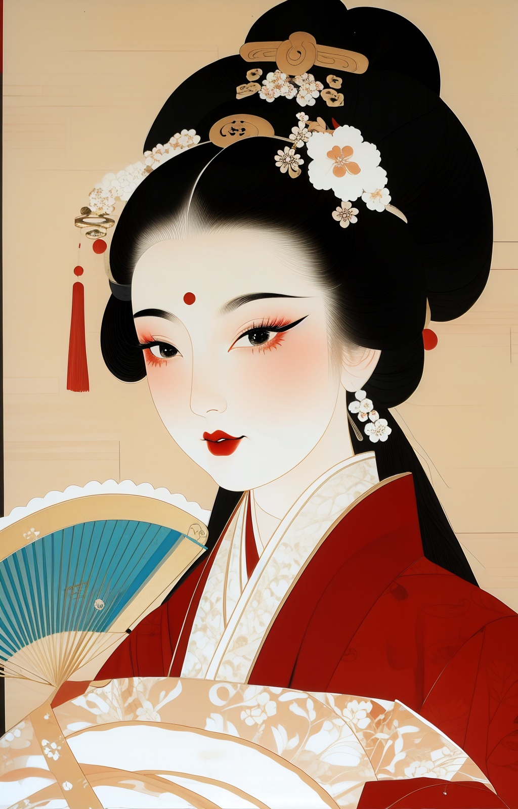a painting of a woman with a fan on her head and a fan on her head,in a white dress,Chizuko Yoshida,japanese,a painting,ukiyo-e,absurdres,highres,wallpaper,colorful,thick eyebrows,pupils,bright_pupils,makeup,eyeshadow,lipstick,long_eyelashes,mascara,face_focus,eyes_focus,front view,looking_at_viewer,<lora:贵妃毛笔插画v1:1>,chinese_style,china_dress,