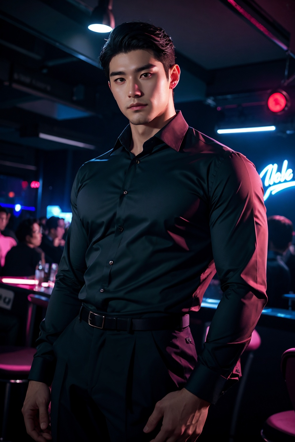 masterpiece,A 30-year-old male,Korean men,Look at me,stubble,Collared shirt,muscular,Black trousers,Thick thigh,nightclub,neon lights,Portrait,textured skin,super detail,best quality,