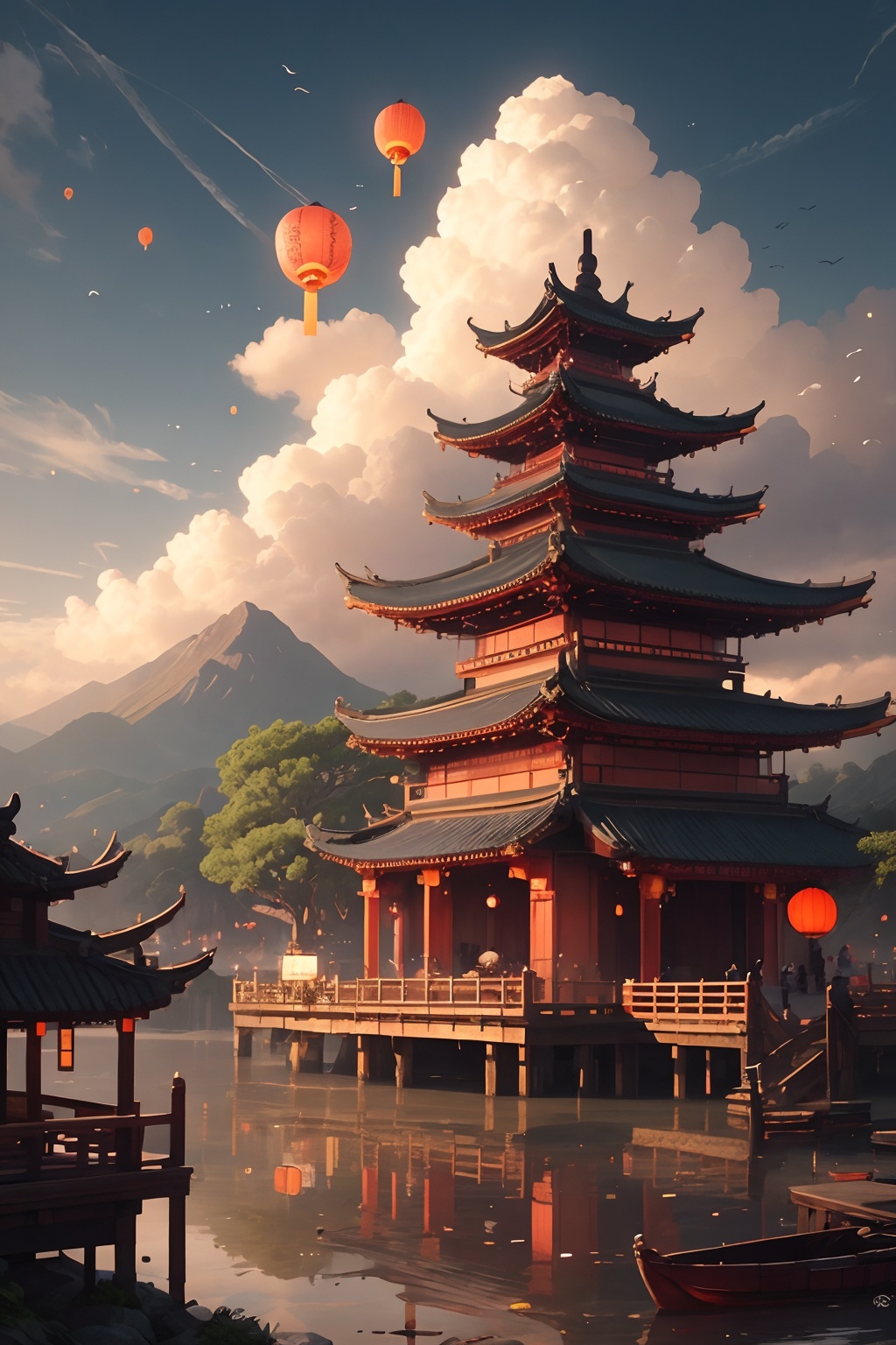 scenery, lantern, cloud, architecture,  east asian architecture, outdoors, sky, watercraft, bird, boat, facing away, water, day, pagoda, sitting, building,mountain, cloudy sky, <lora:house:0.7>