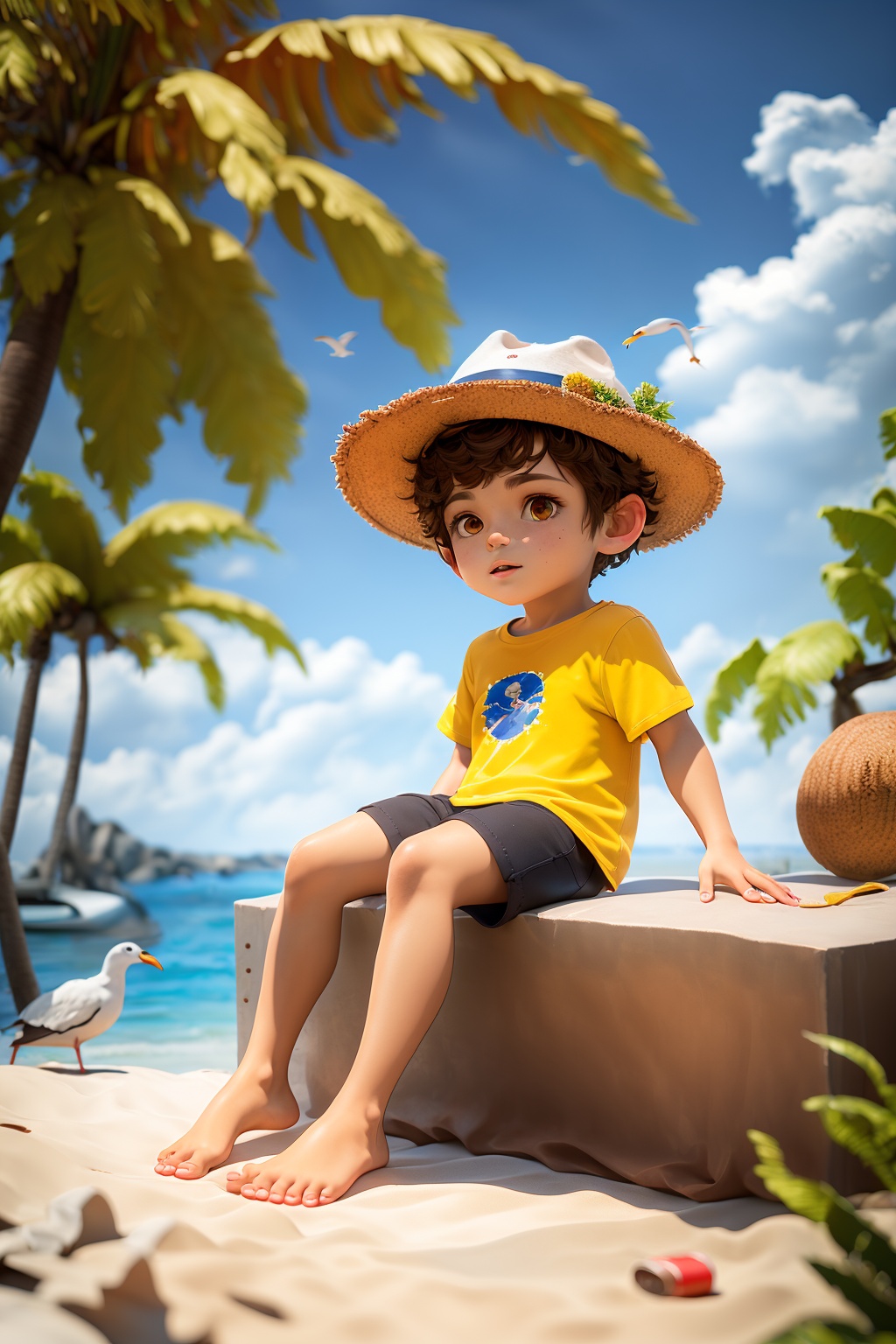 OC rendering,C4D,3D,product photography,still life,solo,short hair,brown hair,shirt,1boy,hat,brown eyes,sitting,outdoors,sky,shorts,barefoot,day,cloud,water,tree,blue sky,beach,child,yellow shirt,palm tree,bucket,boat,lifebuoy,seagull,