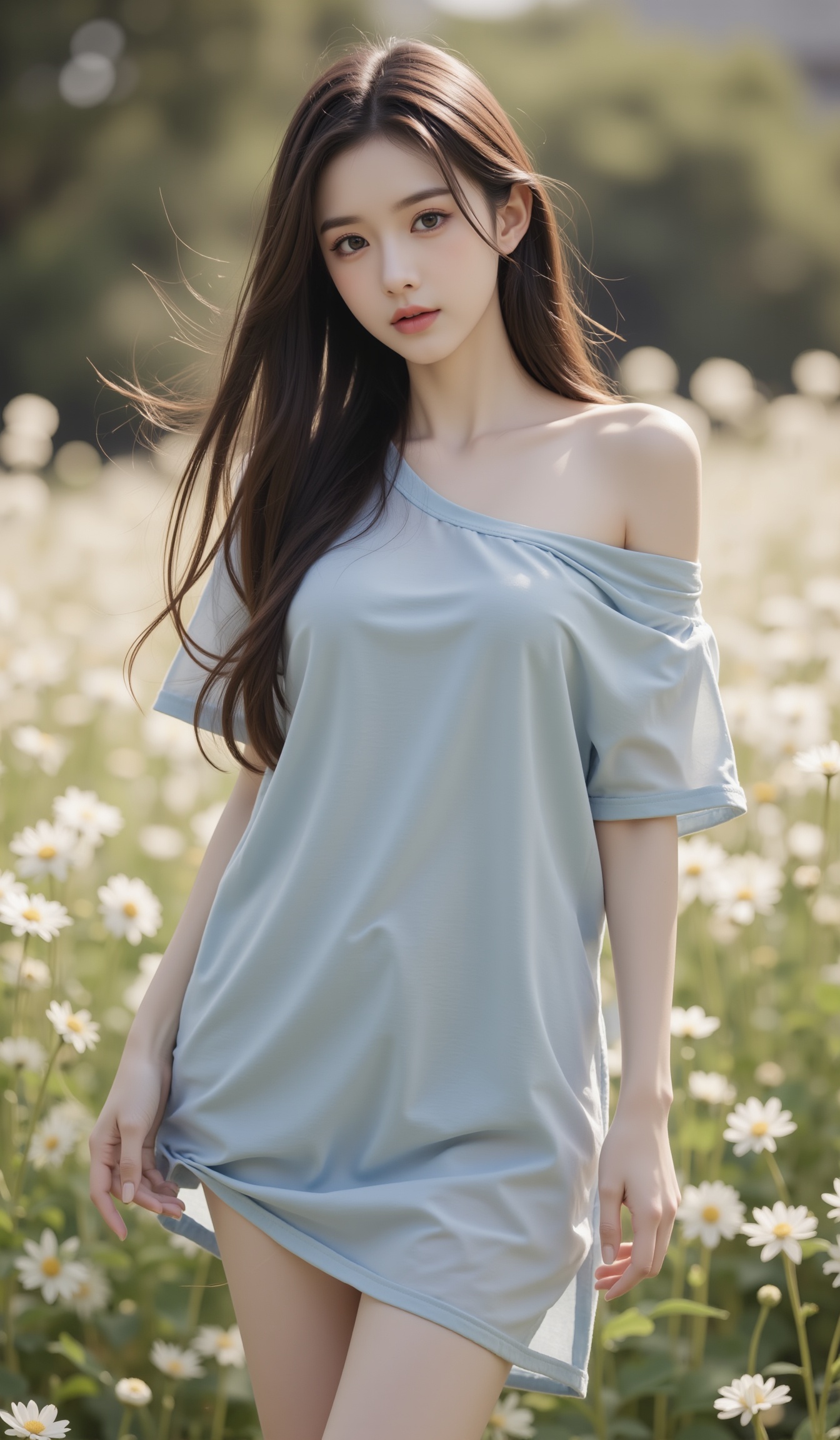 In this vivid scene, we depict a Korean girl with long hair wearing a summer long T-shirt, showcasing her slender and fair legs. Her chest was very full, almost breaking the seams of the T-shirt. The collar slipped off, revealing her charming shoulders and delicate collarbones. This T-shirt is supported by her chest, creating a casual and sexy style. Standing in the sea of flowers, her hair gently fluttered in the breeze, interweaving with the surrounding petals and light, creating a dreamy atmosphere. Her posture is natural and elegant, as if blending in with the natural environment. The existence of the girl becomes the focus, and every detail is carefully depicted, from her plump breasts to slender legs, from the shoulders and collarbones exposed by the sliding T-shirt, every piece exudes youthful vitality and feminine charm. This is a world full of life and warmth, a moment that belongs only to dreams and beauty.<lora:FLUX-极品超模V3:1.2>