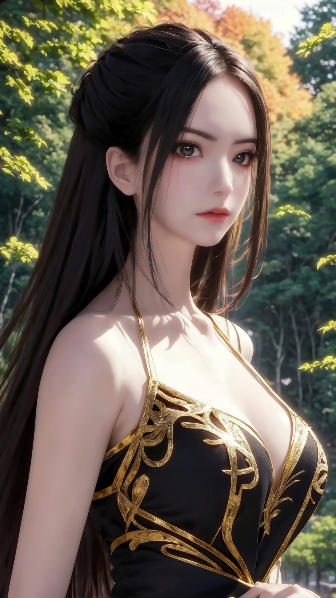 The image is a close-up portrait of a young woman with long,dark hair styled in a dramatic updo. She has a serious expression on her face and is looking directly at the camera. Her hair is styled in loose waves that fall over her shoulders and cascades down her back. She is wearing a black and gold outfit with intricate designs on her chest and neck. The outfit appears to be made of a shiny,metallic material and has a high neckline. The background is blurred,but it seems to be an outdoor setting with trees and foliage. The overall mood of the image is dark and mysterious.,<lora:1.5焰灵姬(3):0.8>,