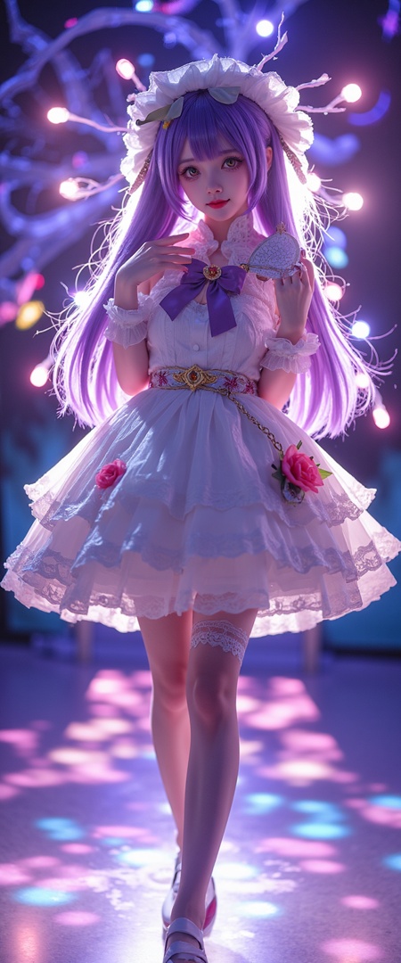 watatsuki no toyohime,touhou,peach,everyone,hand fan,hat bow,hat ribbon,yellow eyes,purple hair,,(((photo raw)),),from front,Alternate Reality, Stylish Fashion, Creative Art, Unique Aesthetic,Alternative Style,reflective light,glowing,energy, reflection ,wearing see-through flowy lower body clothing, gravitational mesh, toile, interactive sensor (for interactive art), tunic length, natural waist, Layered Look ,