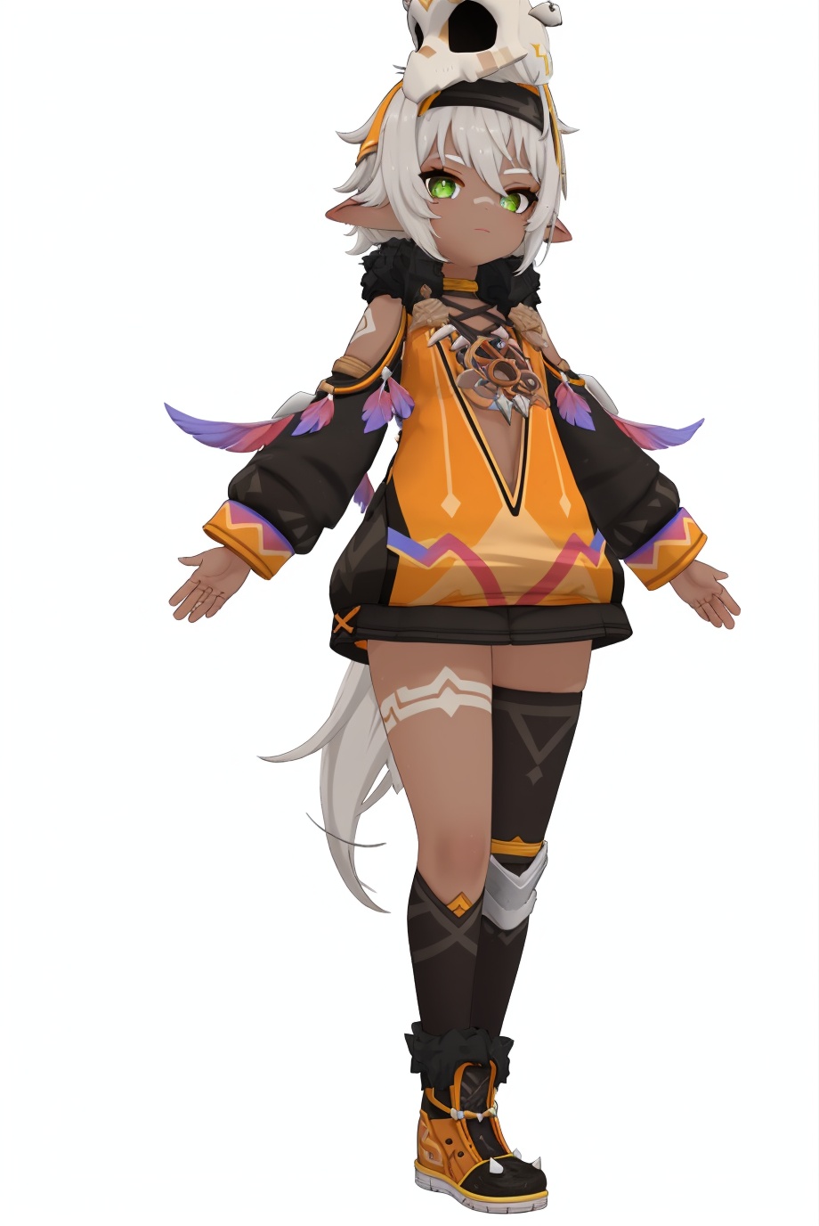 8k,best quality,masterpiece,(ultra-detailed),(high detailed skin),(by nanoless, by misumi \(macaroni\),:0.5),A full-body portrait of a young girl,standing gracefully,pastel art style,high-key lighting,shoujo manga influence,hd quality,delicate details,full body,full shot,standing,looking at viewer,(solo:1.2),simple background,white background,<lora:Iansan-sd-Tanger-000019:0.8>,Digital Deconstruction,Glitch Art,Iansan \(genshin impact\), clothes: Iansan def  balck and yellow clothes, skull mask on head, single thighhigh, 1girl, green eyes, pointy ears, dark skin, long sleeves