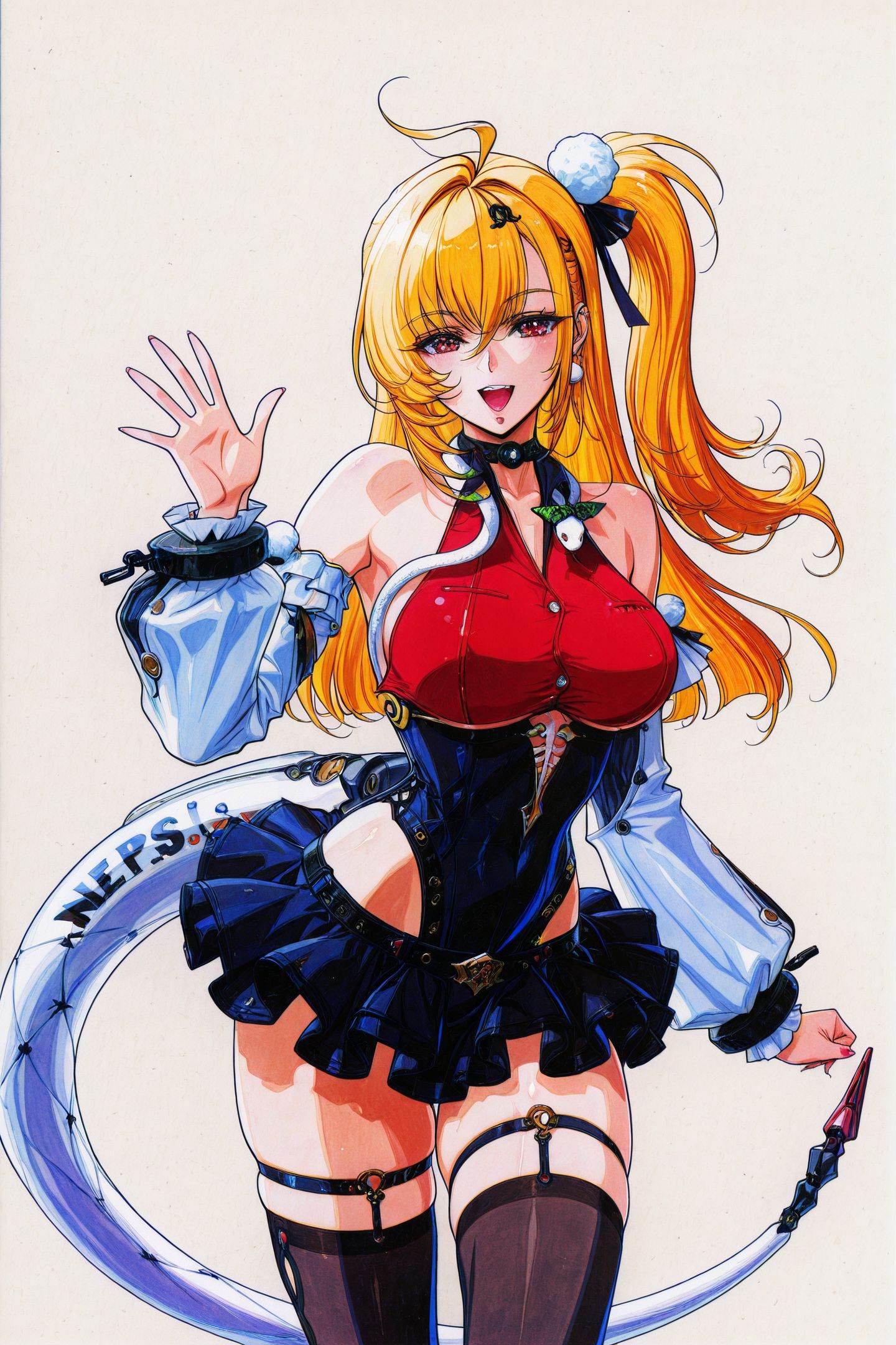 Yuuki Nobuteru Style,Cissia \(zenless zone zero\),1girl,blonde hair,thighhighs,breasts,solo,large breasts,long hair,red eyes,ahoge,hair ornament,detached sleeves,skirt,looking at viewer,open mouth,smile,black thighhighs,black frilled skirt,thigh strap,bare shoulders,one side up,pom pom hair ornament,green bow snake,snake around neck,mechanical snake tail,hairclip,Cissia's hairclip,pom pom \(clothes\),black and red leotard,upper body,hand up,traditional media,retro artstyle,side ponytail,waving,<lora:Record of Lodoss War_illustriousXL:1>,<lora:Cissia_illustriousXL:0.8>,