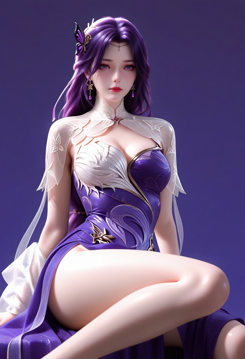 masterpiece,best_quality,(realistic:1.2),photorealistic,amazing quality,very aesthetic,absurdres,vibrant,newest,perfect body,detailled body,fair skin,pale_skin,velvet skin,curvy body,voluptuous body,skindentation,narrow waist,wide hips,full bust,curved silhouette,S-curve body,(wide pelvis:1.2),slim legs,(long legs:1.2),wide_shot,simple_background,timberwolf_gray background wall,Midnight Purple background,sitting,knee up, leg up,1girl,solo,bright red lips,knee_blush,<lora:云曦:1>,yunxi01,hair ornament,butterfly_hair_ornament,earrings,jewelry,dress,cleavage,cleavage cutout,clothing cutout,medium breasts,white_capelet,transparent,collar,purple hair,purple_dress,purple_eyes,