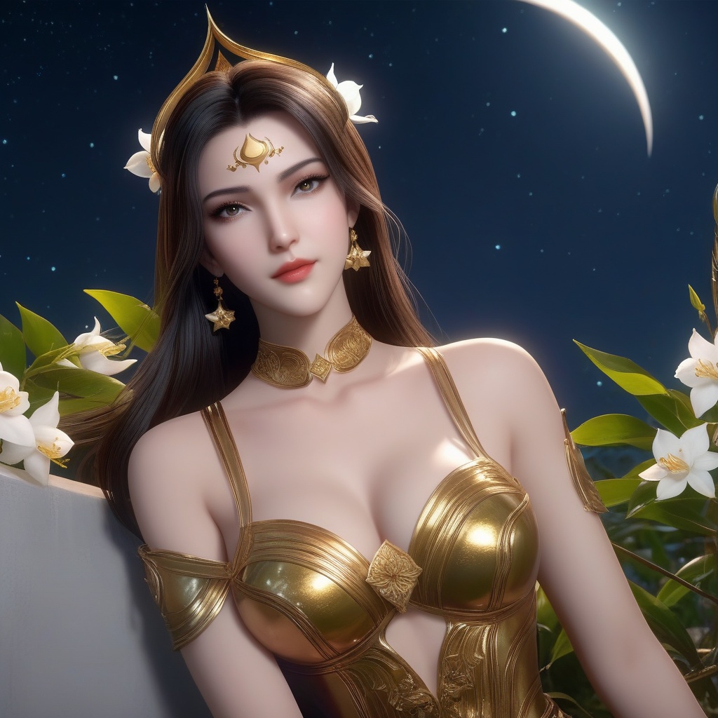 <lora:846-DA-XL-武庚纪-天使圣王:0.8>, (,1girl, ,best quality, ),,  ,,ultra realistic 8k cg, ,masterpiece, (( , )),, realistic,science fiction,mole, ,     ,crescent moon, jasmine \(flower\),     (cleavage),,  (),