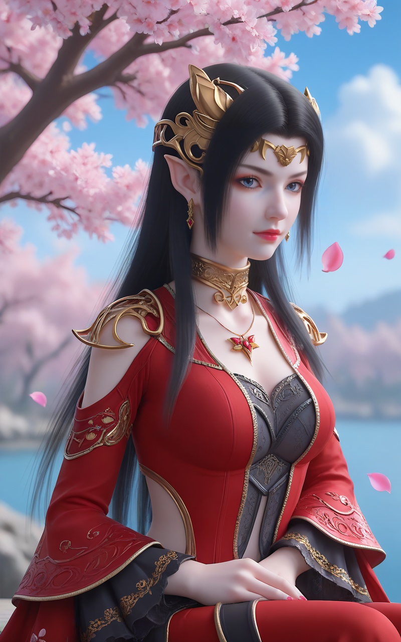<lora:美杜莎pony-000013:0.6>,meidusha,1girl,solo,jewelry,pointy ears,black hair,dress,earrings,blue sky,clothing cutout,red dress,long hair,sky,hair ornament,blue eyes,necklace,petals,falling petals,cherry blossoms,closed mouth,sitting,upper body,breasts,outdoors,metal collar,cloud,looking at viewer,depth of field,masterpiece,best quality,very aesthetic,2024,2023,perfect composition,ultra-detailed,extreme aesthetic,(quasarcake:0.7),masterpiece,best quality,good quality,newest,year 2024,year 2023,very aesthetic,absurdres,looking_at_viewer,colorful,