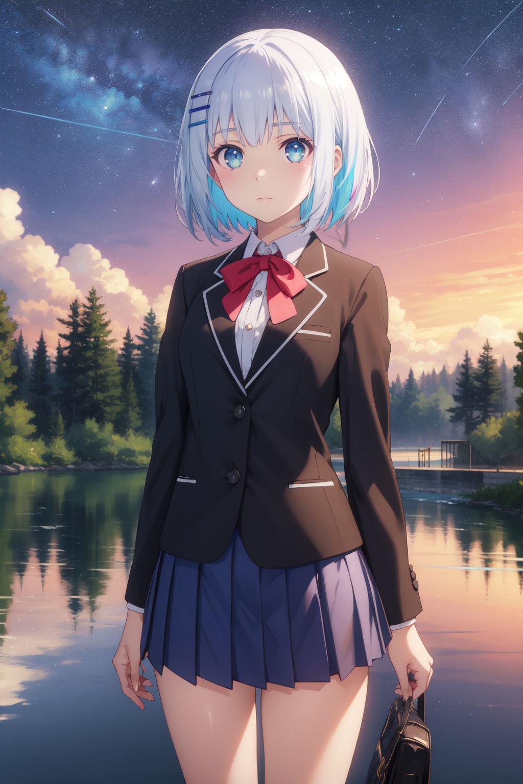 <lora:Origami-000007:0.8>,Origami cyql,1girl,looking at viewer,solo,short hair,white hair,hairclip,hair ornament,blue eyes,school uniform,ribbon,blazer,jacket,skirt,pleated skirt,Bored, A slack jaw, drooping eyelids, and a slightly uninterested gaze.,panorama,beautiful face,beautiful eyes,glossy skin,shiny skin,Lake, Lakeside, Forest, Trees, Reflection, Serenity, Wildlife, Tranquility,(Lavender rows, Sunset glow, Fragrant air, Golden hues, Lavender harvest, Provencal charm:0.6),beautiful detailed sky,beautiful detailed glow,posing in front of a colorful and dynamic background,masterpiece,best quality,beautiful and aesthetic,contrapposto,female focus,wallpaper,fashion,
