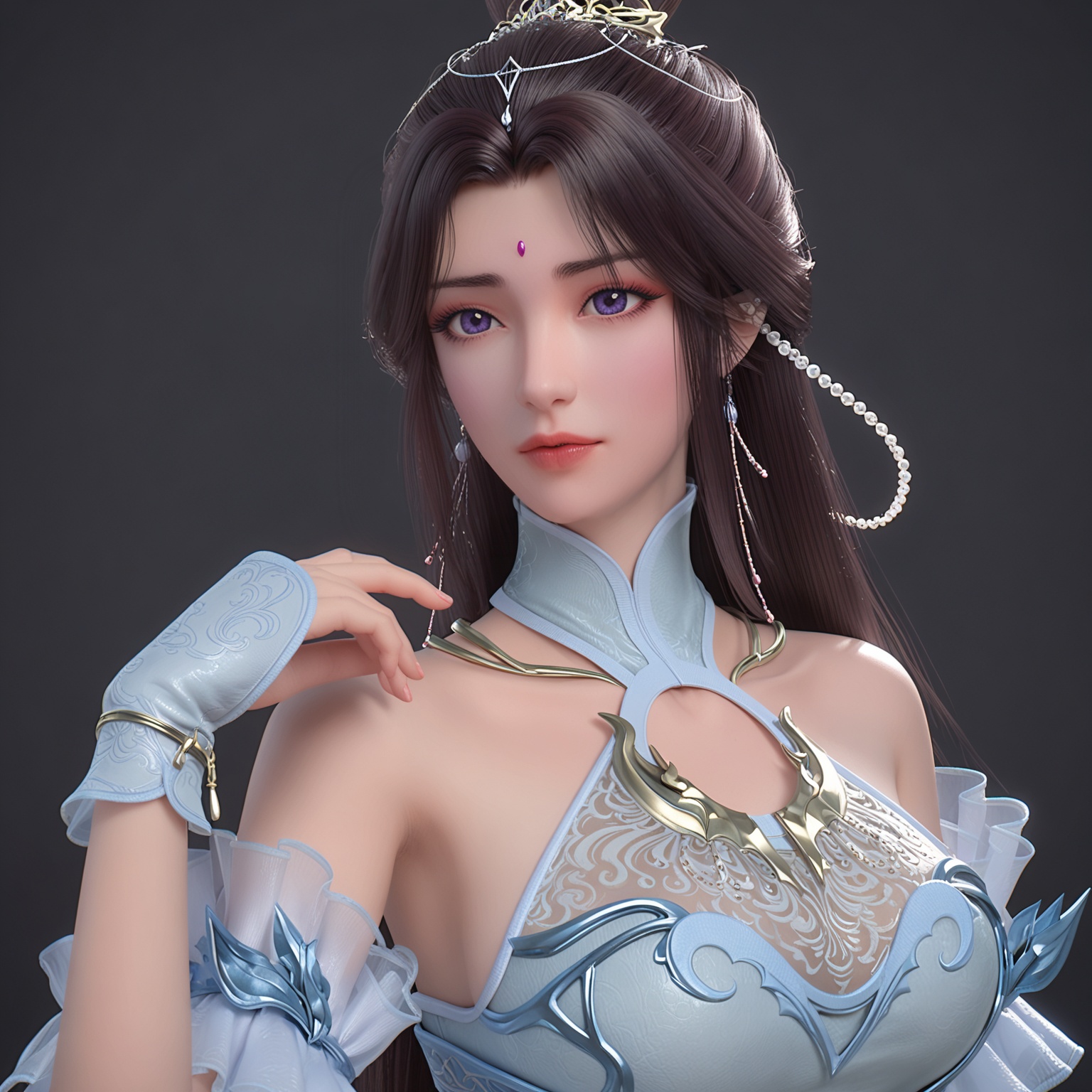 <lora:YQponyyuecan_lanyiV4:0.8>,q1528437228,solo,1girl,long_hair,black_hair,hair_ornament,dress,jewelry,bare_shoulders,white_dress,earrings,hair_bun,forehead_mark,facial_mark,brown_hair,single_hair_bun,purple_eyes,blue_eyes,detached_sleeves,realistic,gloves,blue_dress,see-through,beads,white_footwear,forehead_jewel,necklace,tiara,bracelet,detached_collar,fingerless_gloves,legs,BREAK score_9,upper_body,portrait,shiny_skin,looking at viewer,cinematic lighting,volumetric lighting,solo focus,(huge breasts:0.9),(simple background,pure black background,black background:1.1),