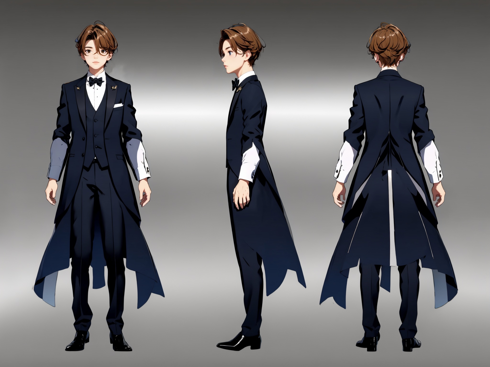 1boy,formal wear,multiple views, <lora:AgainGameStyleMultiView_v1:1>