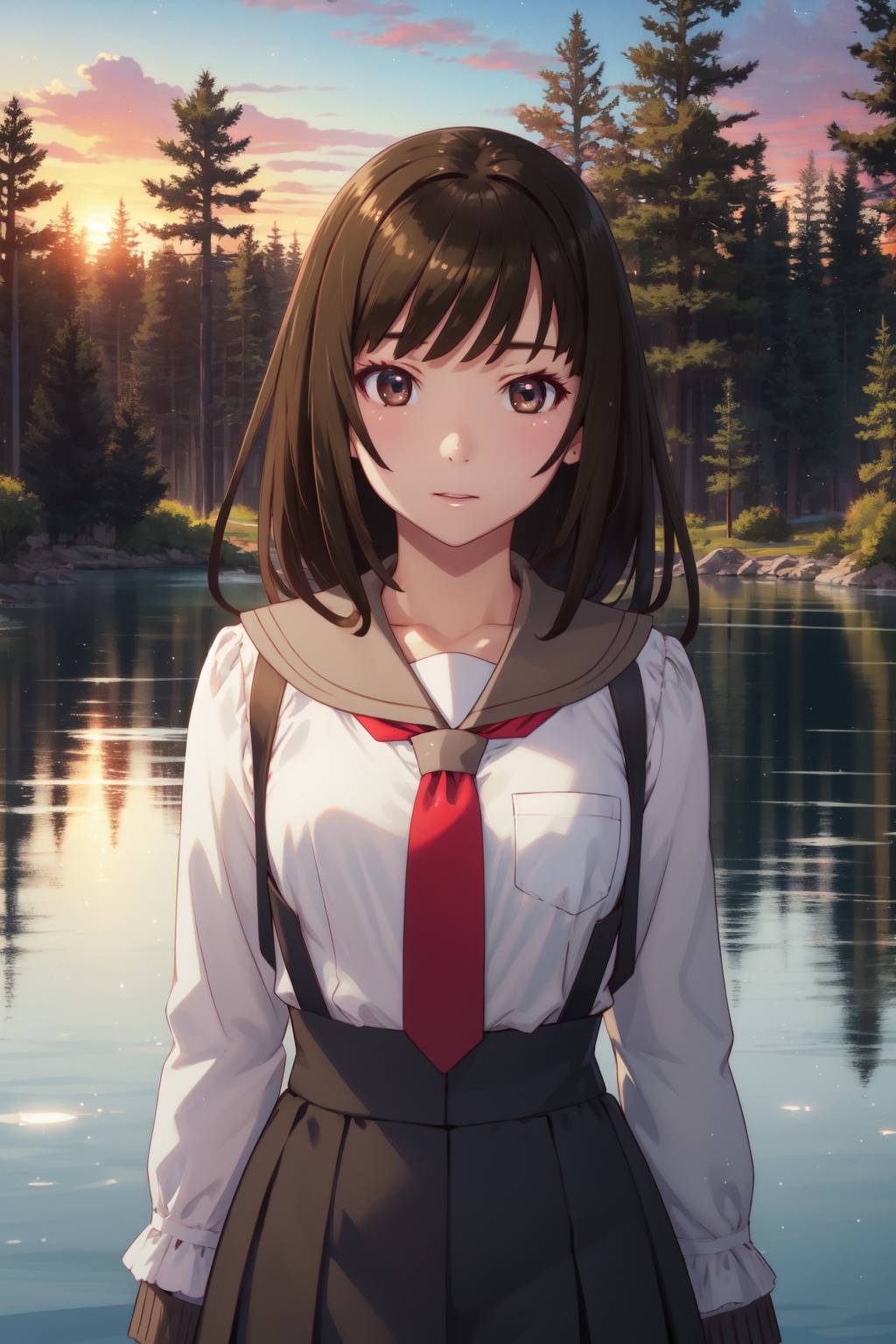<lora:Nadeko-000013:0.8>,Nadeko cyql,1girl,looking at viewer,solo,brown hair,medium hair,blunt bangs,brown eyes,school uniform,long sleeves,necktie,high-waist skirt,suspender skirt,sailor collar,shirt,red necktie,white shirt,Angry, tightened jaw, squinted eyes, and raised eyebrows.,upper_body,beautiful face,beautiful eyes,glossy skin,shiny skin,Lake, Lakeside, Forest, Trees, Reflection, Serenity, Wildlife, Tranquility,(Climbing roses, Snow-covered cottage, Winter garden, Snowflakes, Winter wonderland, English charm:0.6),beautiful detailed sky,beautiful detailed glow,posing in front of a colorful and dynamic background,masterpiece,best quality,beautiful and aesthetic,contrapposto,female focus,wallpaper,fashion,