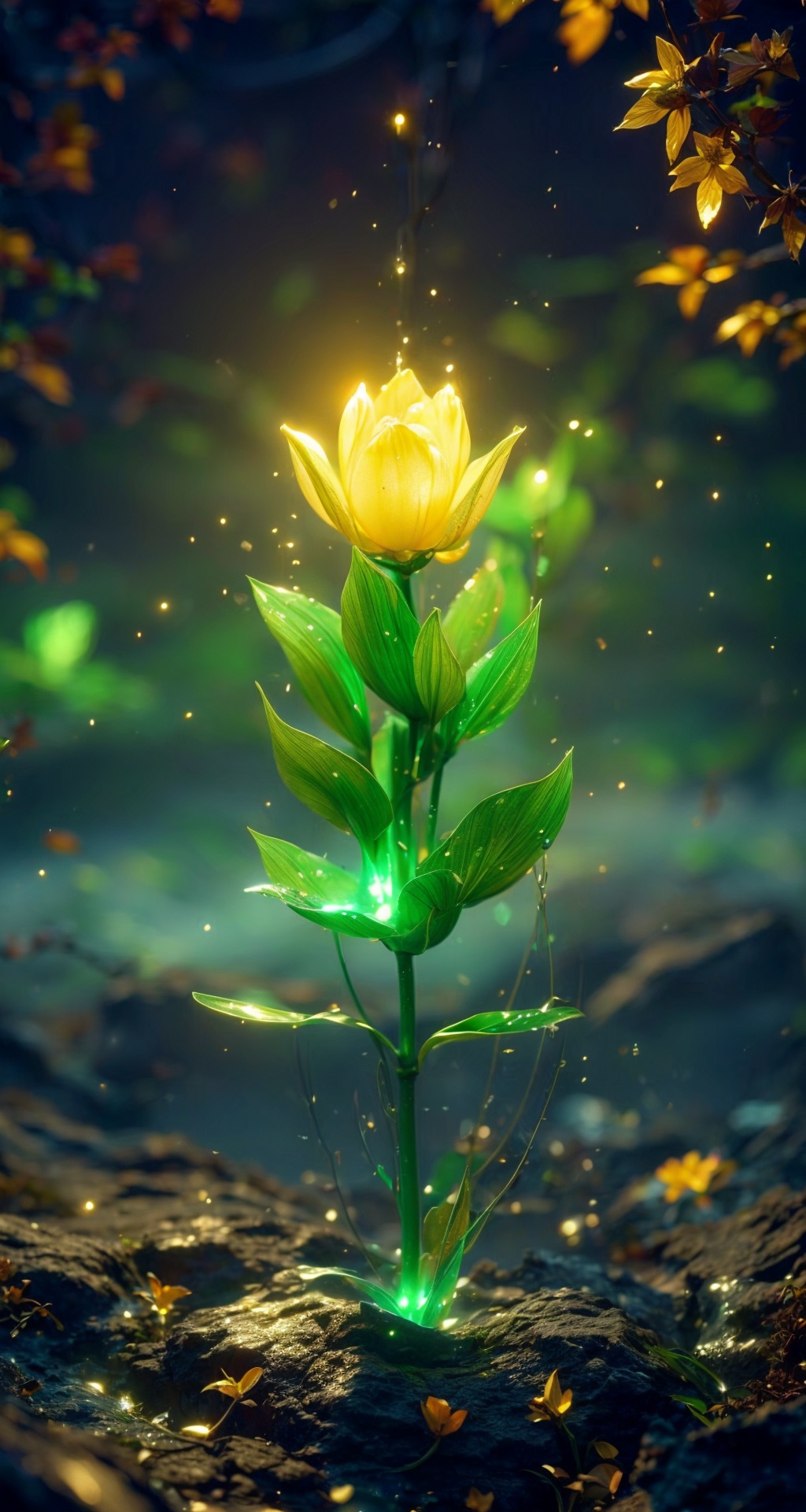 <lora:add_detail细节增加:1.5>,<lora:法宝:0.8>,fabao,novady,no_humans,weapon,fantasy,glowing,There are many scattered luminous petals,Hidden in the light yellow flowers,Depth of field,Many flying drops of water,Many scattered leaves,branch ,angle ,contour deepening,cinematic angle,