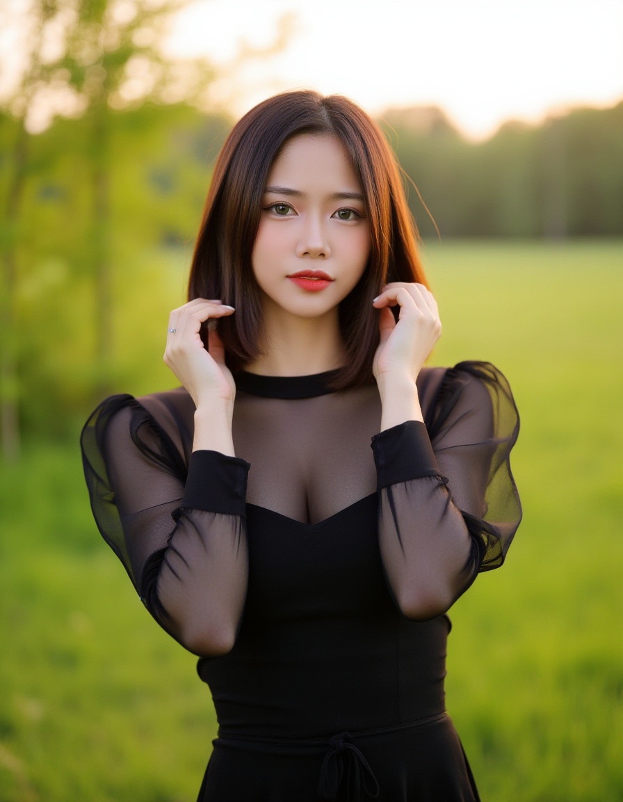 This photograph captures a young Asian woman with fair skin and straight, shoulder-length brown hair. She is standing outdoors in a sunlit field, wearing a sheer black top with puffed sleeves and a black dress underneath. Her expression is neutral, and she is adjusting her hair with both hands. The background features lush greenery and a soft, golden glow from the setting sun, creating a serene, natural ambiance.