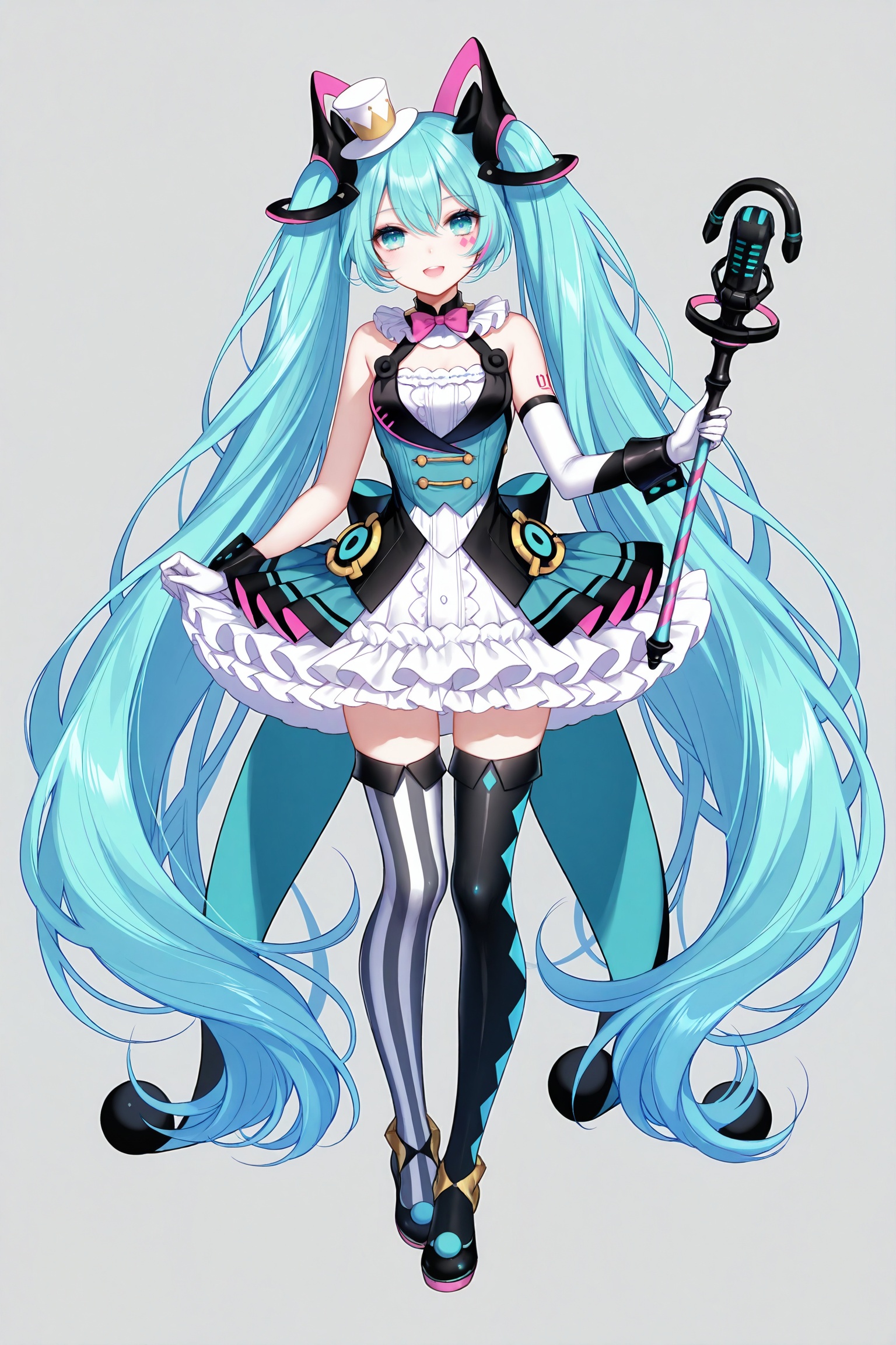 masterpiece,best quality,newest,absurdres,highres,soft shadows,photorealistic,(bison cangshu:0.5),(fuzichoco:0.6),(rimuu:0.5),(mignon:0.5),(sheya:0.6),full body,<lora:MMMiku2019XLNAI:1>,1girl,magical mirai miku \(2019\),frilled_dress,frills,mismatched legwear,white thighhighs,striped thighhighs,black thighhighs,holding,