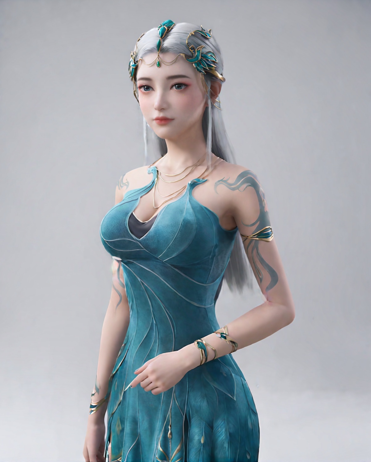 <lora:SF_QinYao_Pony_Realism-000003:0.7>,hair ornament,DarkCyan dress,1girl,large breasts,standing,solo,looking at viewer,simple background,