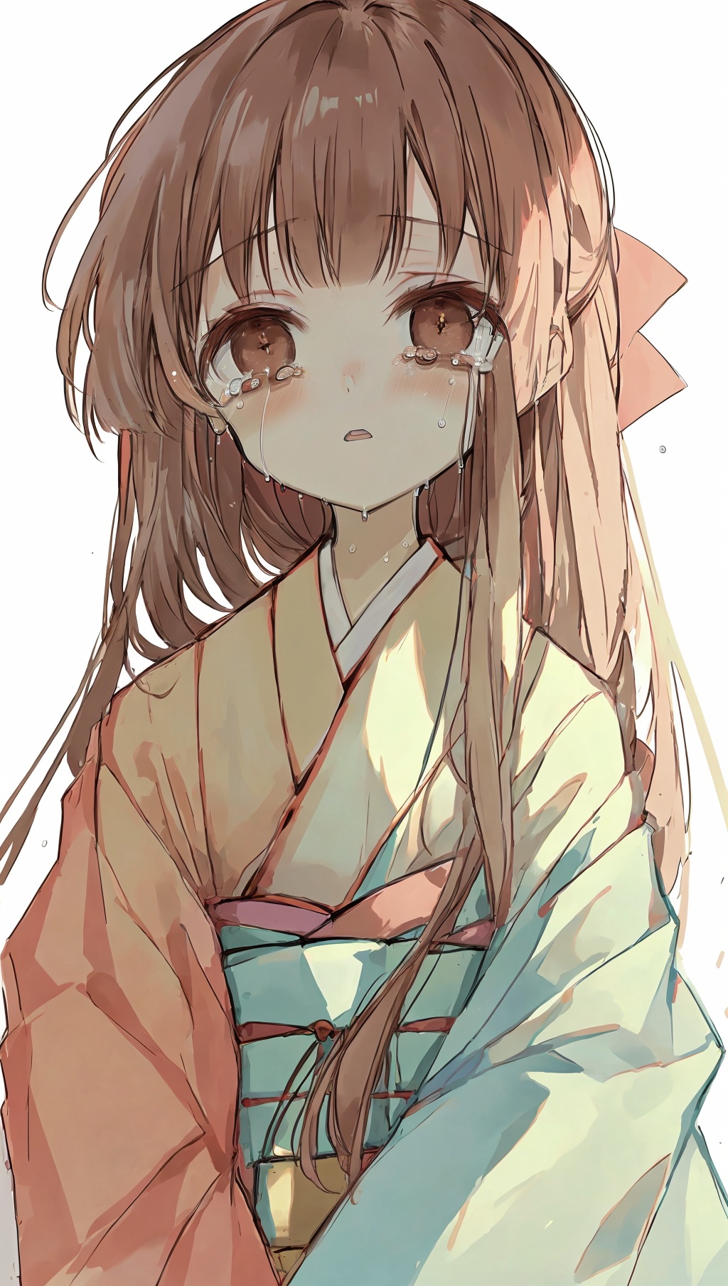 1girl,solo,white background,long hair,japanese clothes,simple background,looking at viewer,tears,kimono,upper body,crying,bangs,crying with eyes open,blush,brown eyes,parted lips,brown hair,bow,hair bow,