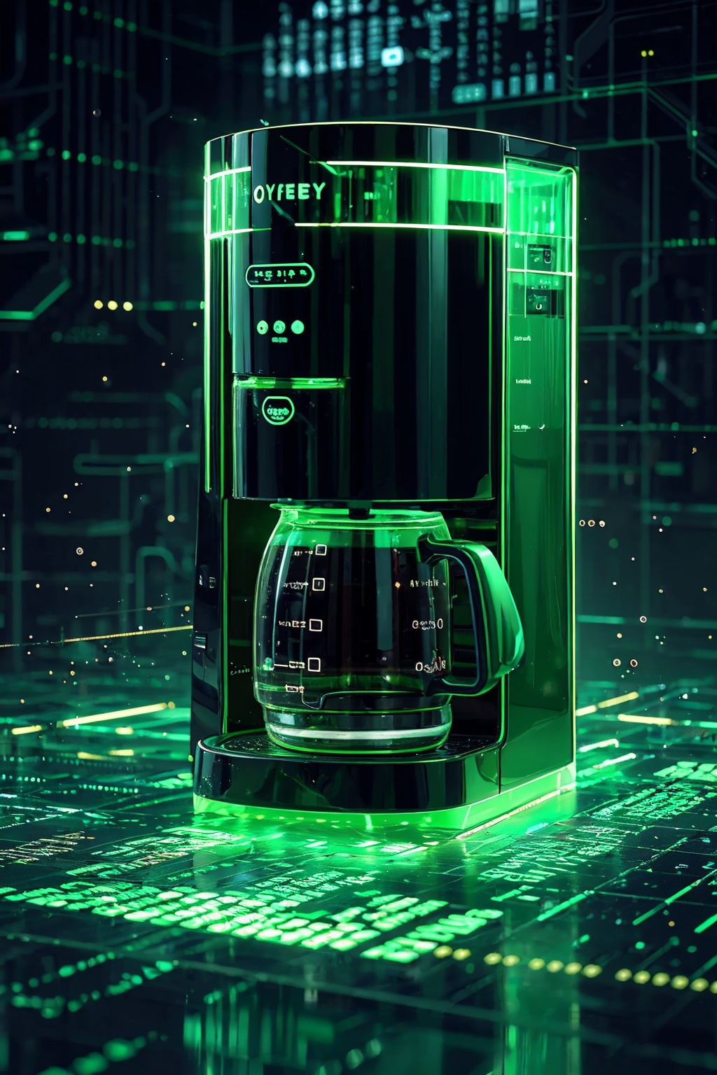sdmai,Data streams,abstract art,binary code,cyberspace,Green theme,coffee maker<lora:SDMAI数字抽象线性艺术:0.75>,