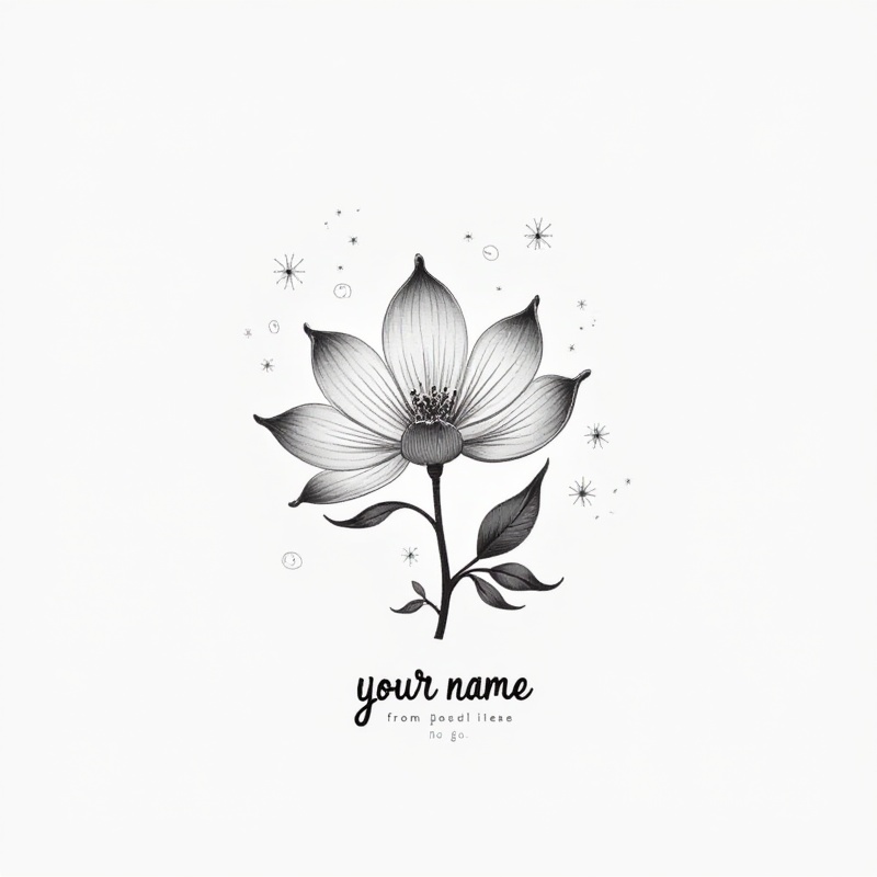 logo, black "your name" text, flower, no humans, simple background, english text, sparkle, still life, leaf, artist name, monochrome, bouquet<lora:印纹(1):1>,