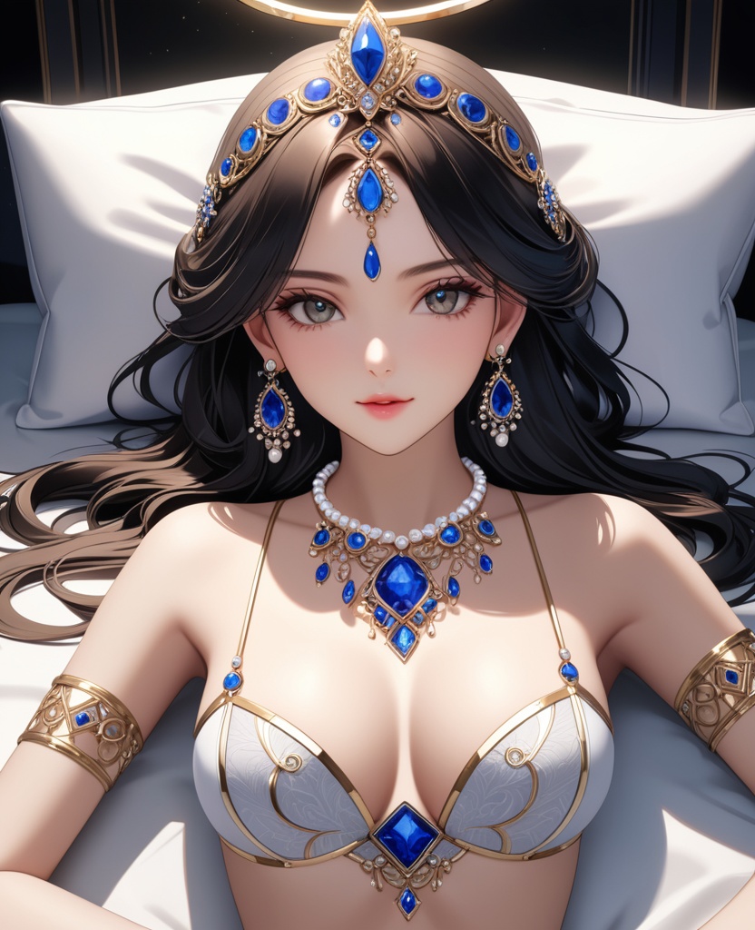 (,1girl, ,best quality, ),looking at viewer,masterpiece, ((((1girl, solo , lying, )))) (cleavage), (), ,ultra realistic 8k cg,   clean, masterpiece,      (( , )),,  , unreal, science fiction, luxury, jewelry, diamond, gold, pearl, gem, sapphire, ruby, emerald, intricate detail, delicate pattern, charming, alluring, seductive, erotic, enchanting, hair ornament, necklace, earrings, bracelet, armlet,halo,(cleavage),, (),