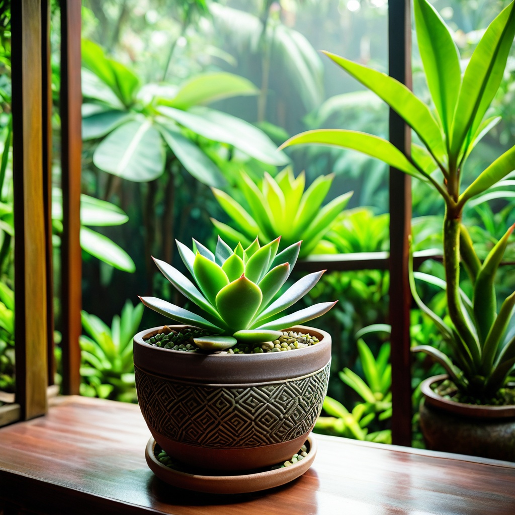 scenebalinjungl,  a small potted succulent,  Balinese jungle villa terrace on Tensor.Art