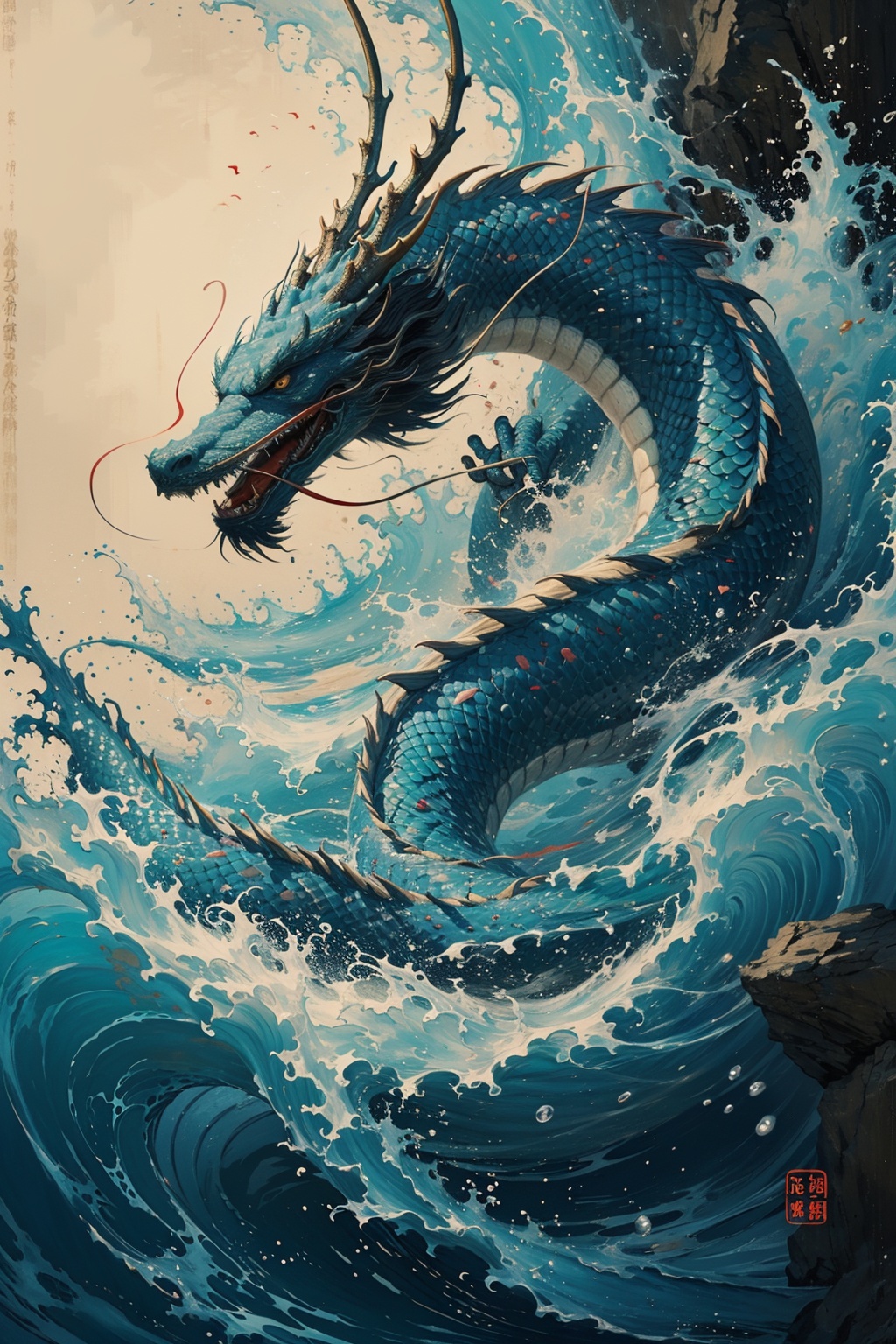 sdmai, guofenglong, scales, no humans, waves, dragon, water, eastern dragon <lora:国风龙sdmai,guofenglong:0.7>