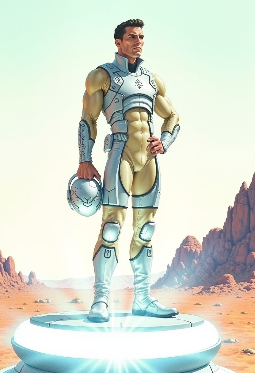 A painterly gouache illustration depicting a futuristic human figure from a low-angle view to emphasize stature. The subje...
