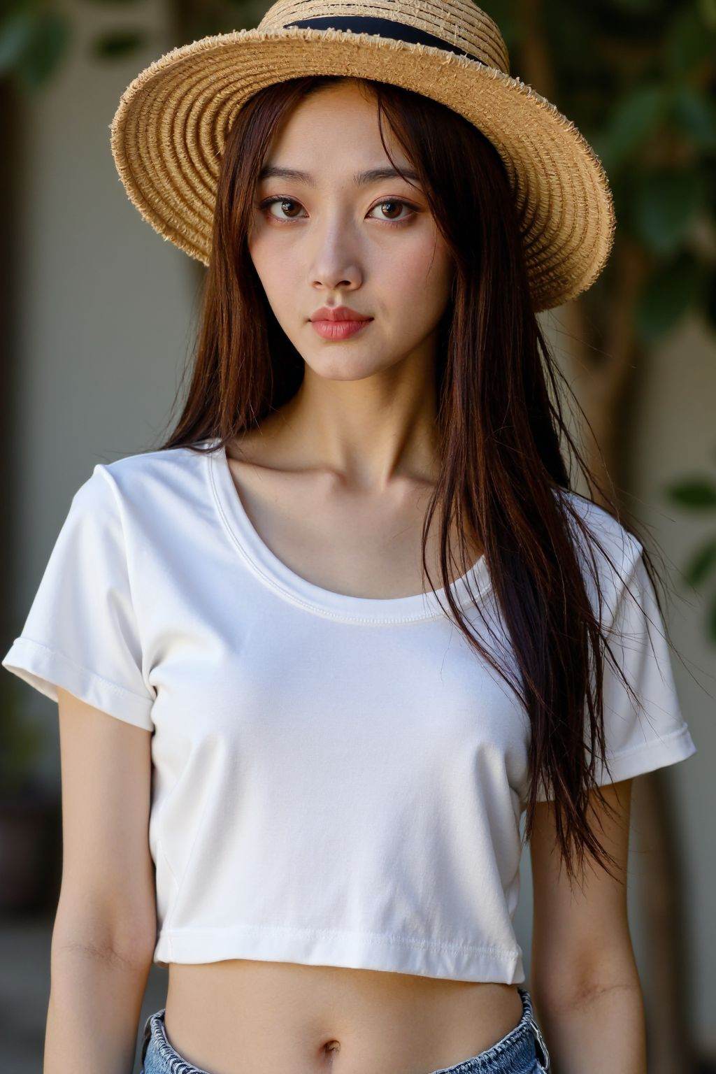 cinematic photo 1girl, large breasts, extremely slim waist, thin, slim, solo, short sleeves, shirt, white shirt, shorts, short shorts, hat, breasts, long hair, midriff, crop top, navel, looking at viewer, brown eyes, parted lips, brown hair, straw hat, cropped shirt, blurry, blurry background,