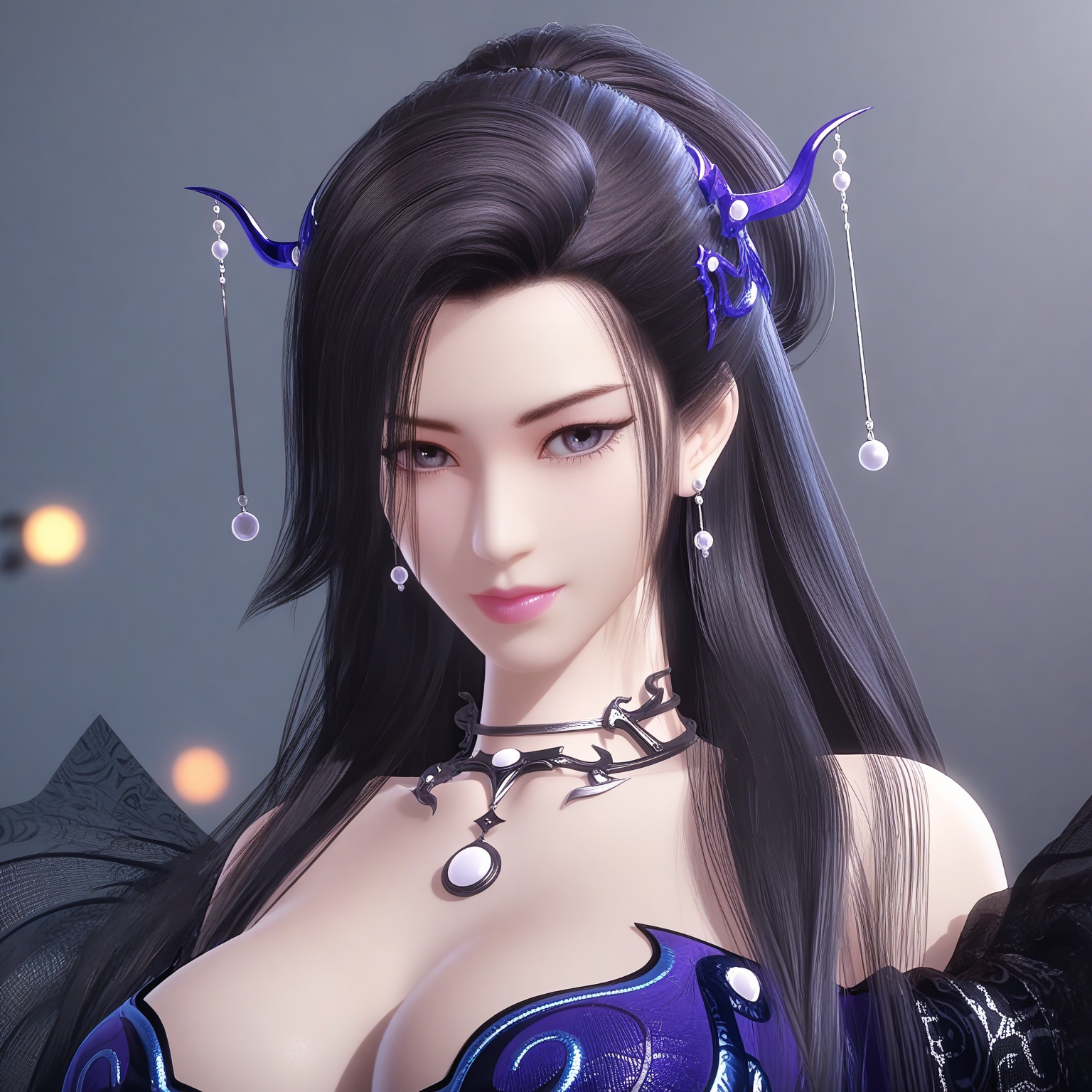 (upper_body:1.1),(huge breasts:0.9),88.<lora:YQpony潮女妖V2:0.8>,(q1528437228:1.3),1girl,solo,long_hair,jewelry,black_hair,earrings,hair_ornament,necklace,dress,brown_hair,blue_dress,detached_sleeves,purple_dress,lipstick,hair_bun,black_eyes,choker,realistic,grey_eyes,mole,gloves,mole_under_eye,wide_sleeves,long_sleeves,armor,,blush,(looking_at_viewer:1.1),BREAKintricate details,shiny_skin,solo focus,(blurry background:1.1),(depth of field:1.1),perfect_anatomy,(cinematic lighting:0.9),(volumetric lighting:0.9),(simple background,pure black background,black background:1.1),