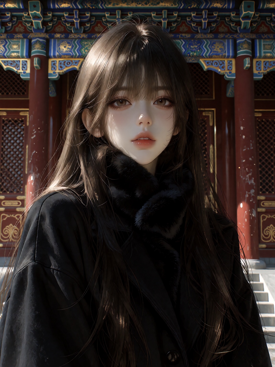 画面中心是一位留着深棕色超长直发与齐刘海的年轻东亚女性,  发丝顺滑垂至腰腹。她肤色白皙,  妆容精致 on Tensor.Art