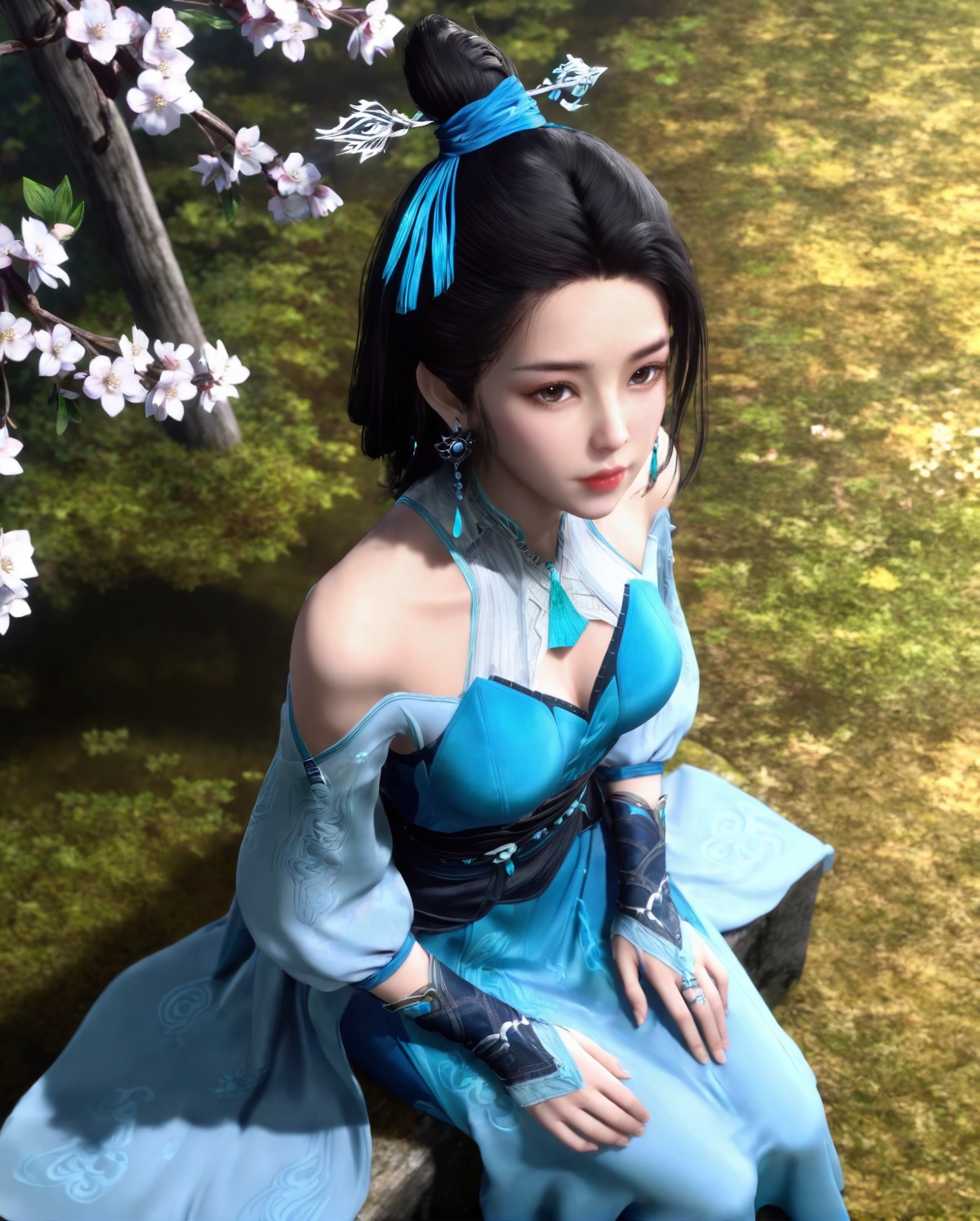 <lora:SF_LanLingE_Pony_Realism-000003:0.7>,1girl,solo,flower,dress,earrings,detached sleeves,hair ornament,jewelry,sitting,looking at viewer,branch,black hair,long hair,from above,hair bun,blue dress,