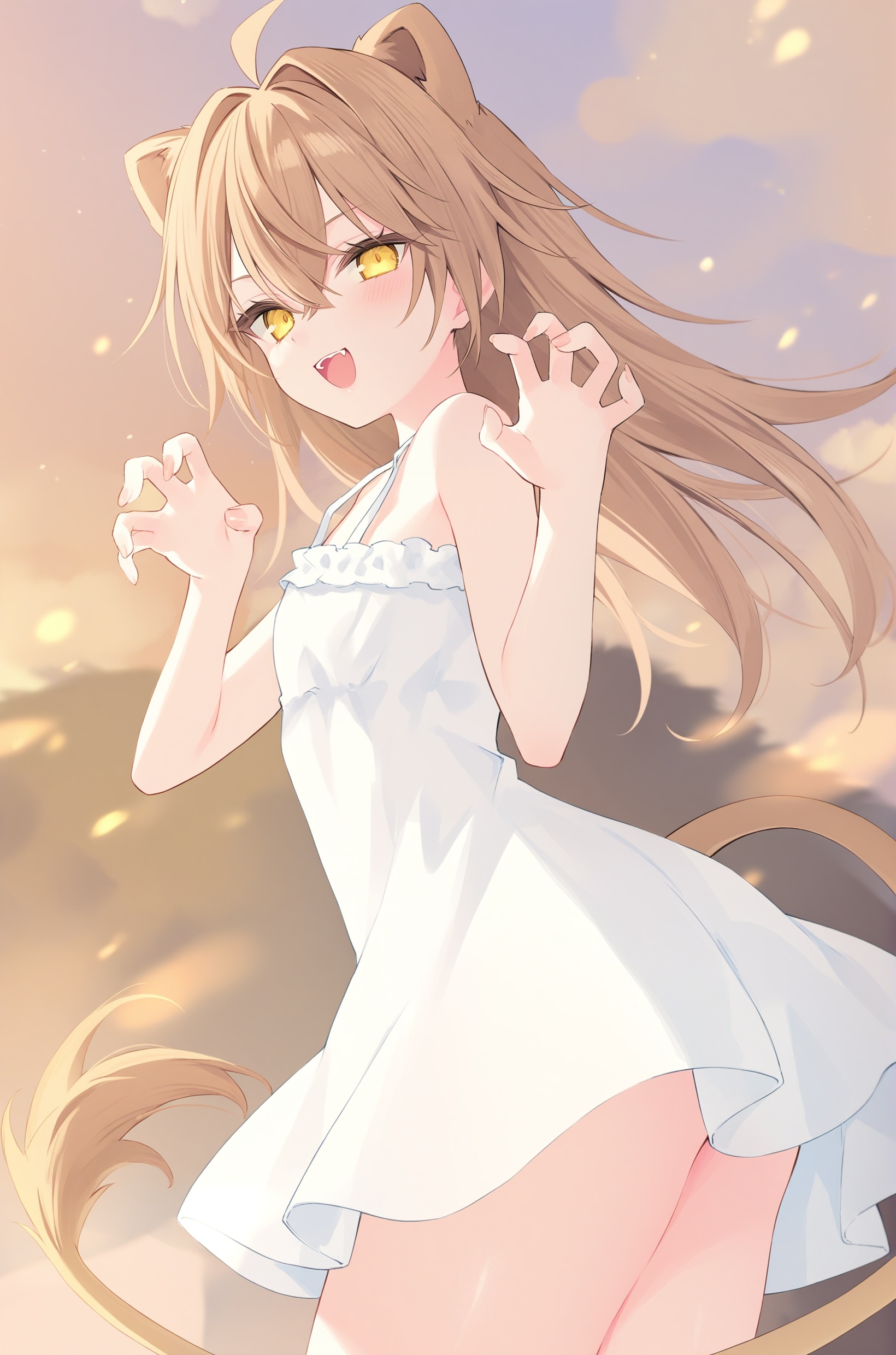 rurudo,lion tail,lion ears,1girl,virtual youtuber,dress,tail,yellow eyes,long hair,animal ears,white dress,claw pose,lion girl,looking at viewer,ahoge,sleeveless dress,brown hair,frilled dress,smile,open mouth,sundress,sleeveless,bangs,hair between eyes,frills,small breasts,bare shoulders,bare arms,:d,thighs,from_side,