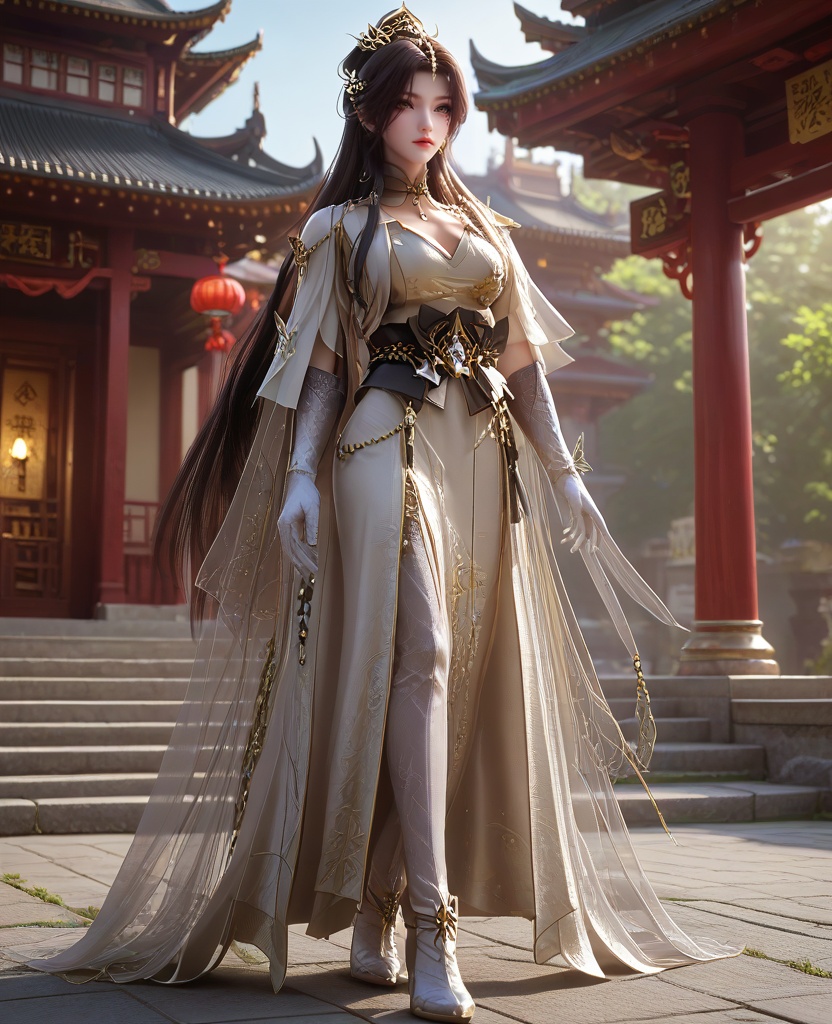 (oriental architecture, elegant decor, sophisticated style:1.1),(Leaning backwards slightly,:1.1),(macro shot:1.1),(large breasts:1.2),<lora:XL16云深不知梦羲和白色战斗服:0.95>,miss xihe,silvery white tiered dress,shawl,yellow eyes,facial mark,black hair,absurdly long hair,traditional chinese updo with long front strands,hair ornament,jewelry,sash,gloves,tights with attached boots,, score_9,score_8_up,score_7_up,score_6_up,score_5_up,score_4_up,3d rendering,tag1,tag2, Cinematic Lighting,backlighting,