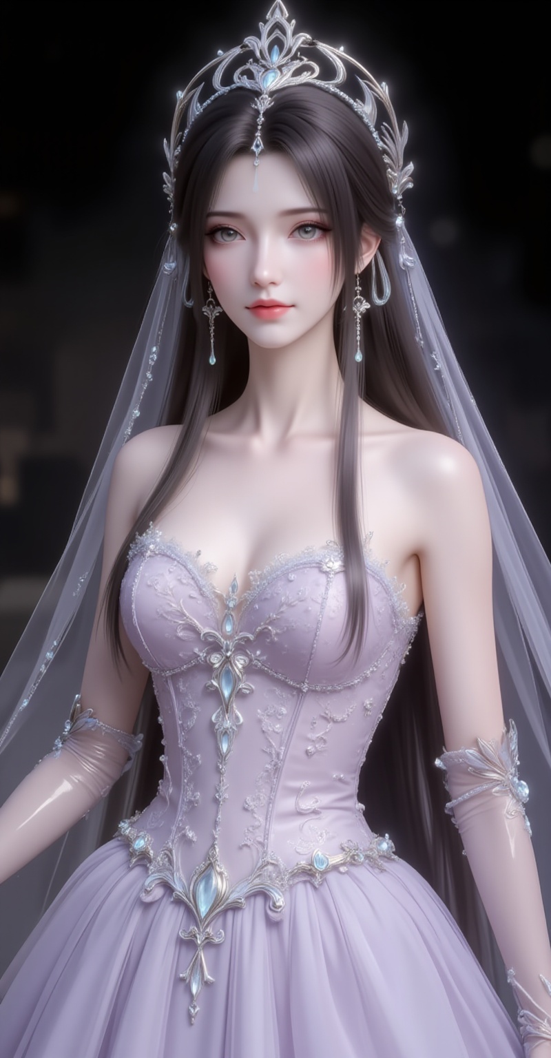 <lora:晚礼服2·人物百搭款5:1.1>,fuzhuang,1girl,solo,dress,long hair,wedding dress,gloves,bare shoulders,elbow gloves,veil,light purple skirt,full body,black_background,simple background,cover,gradient background,close-up details,outstanding style,adding a touch of dimension to your images without compromising details,close-up,<lora:DJ滤镜_2.5D版:0.3>,lvjing,<lora:油画唯美滤镜15:0.2>,baoshi,<lora:清漪·衣服百搭款·6:1.1>,qingyi,black hair,long hair,jewelry,earrings,hair_ornament,grey eyes,crown,(large breasts:1.2),