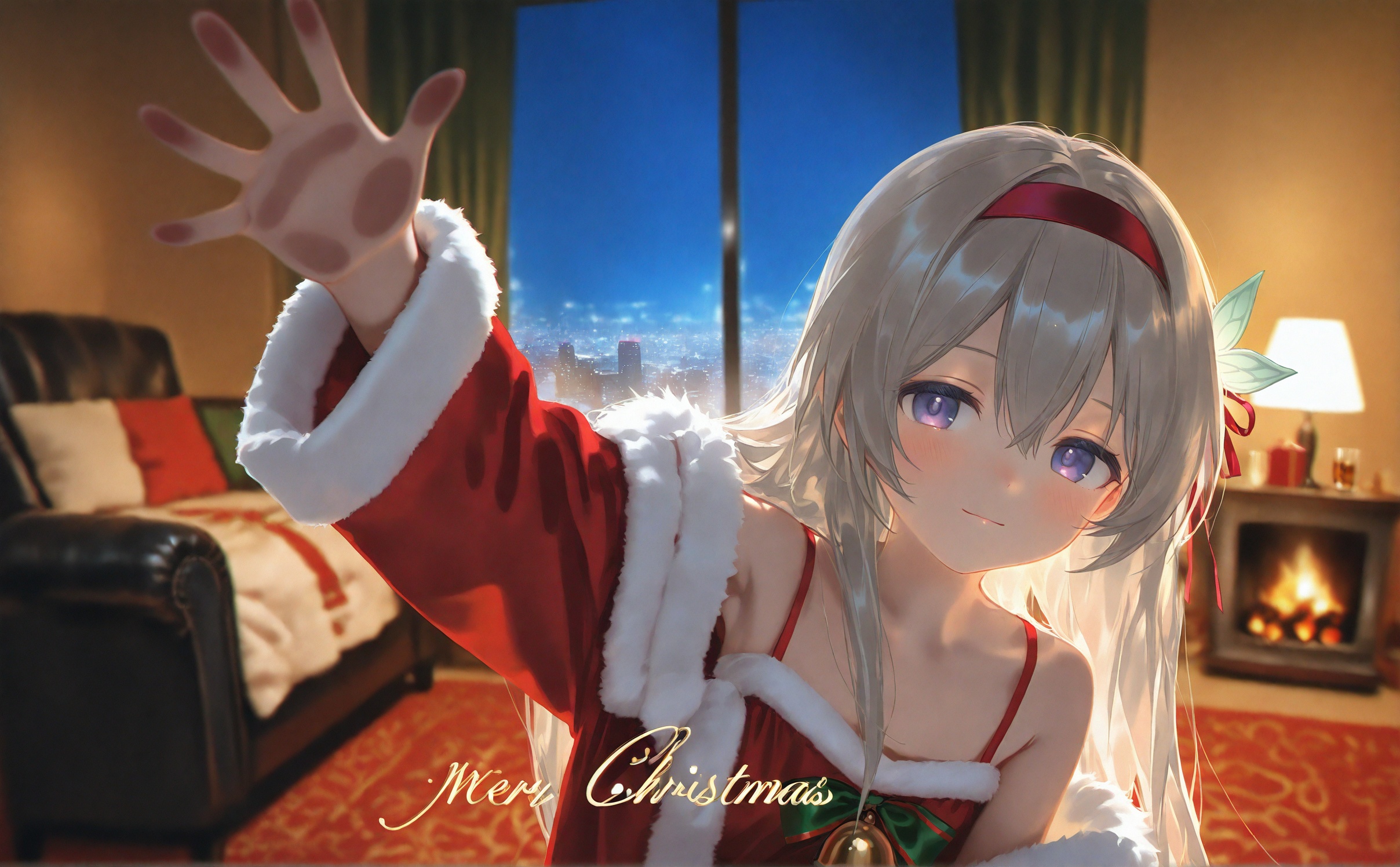 nyalia,1girl,christmas,merry christmas,gift,long hair,hairband,solo,box,lamp,christmas tree,gift box,looking at viewer,indoors,santa costume,window,cup,blue eyes,smile,drinking glass,glass,night,dress,closed mouth,blush,hair between eyes,christmas present,grey hair,carpet,fur trim,condensation,long sleeves,hair ornament,bare shoulders,curtains,blurry,table,red dress,sitting,red hairband,sidelocks,ribbon,off shoulder,blonde hair,city lights,upper body,collarbone,desk lamp,rug,arm up,bell,night sky,christmas ornaments,against glass,depth of field,bed,jacket,santa dress,spaghetti strap,drink,purple eyes,fireplace,bedroom,fur-trimmed jacket,ice,santa hat,cityscape,fur-trimmed sleeves,english text,sky,alcohol,white hair,reaching,skyline,red jacket,armchair,hat,wine glass,hair ribbon,open clothes,red ribbon,blurry background,bow,light smile,pillow,headband,city,wide sleeves,reaching towards viewer,<lora:nyalia Acid-000055:0.9>,