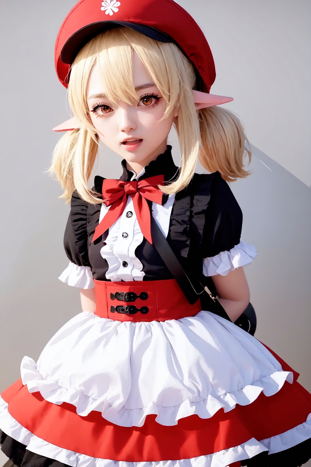 klee_(genshin_impact),1girl,ahoge,low_twintails,open_mouth,solo,looking_at_viewer,alternate_costume,sidelocks,red_headwear,:d,clover_print<lora:klee_(genshin_impact):1>,simple background,white backgroundmasterpiece,best quality, highly detailed, 