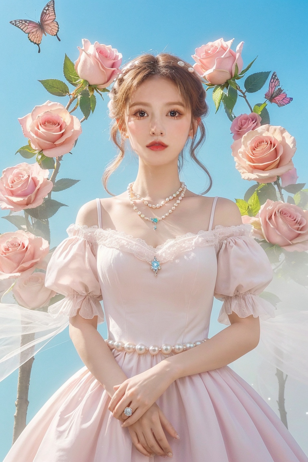 quality,8K,extremely complex details,1girl,lolita,careful eyes,looking_at_viewer,butterfly,gradient art,in the flower cluster,(rose:1.1),sky,(white cloud:0.9),full_shot,necklace,pearls and jewels,<lora:花开富贵_1 _1+1+1+1+1+1+1+1+0+0+0+1+1+1+1+1+1:1>,
