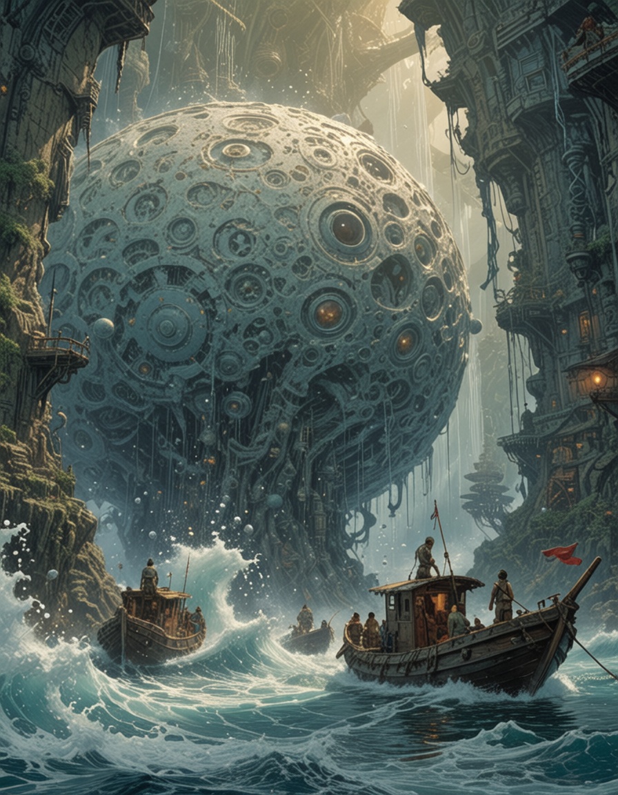 water world wave hitting a science fiction fantasy illustration,  water everywhere,  all around on Tensor.Art