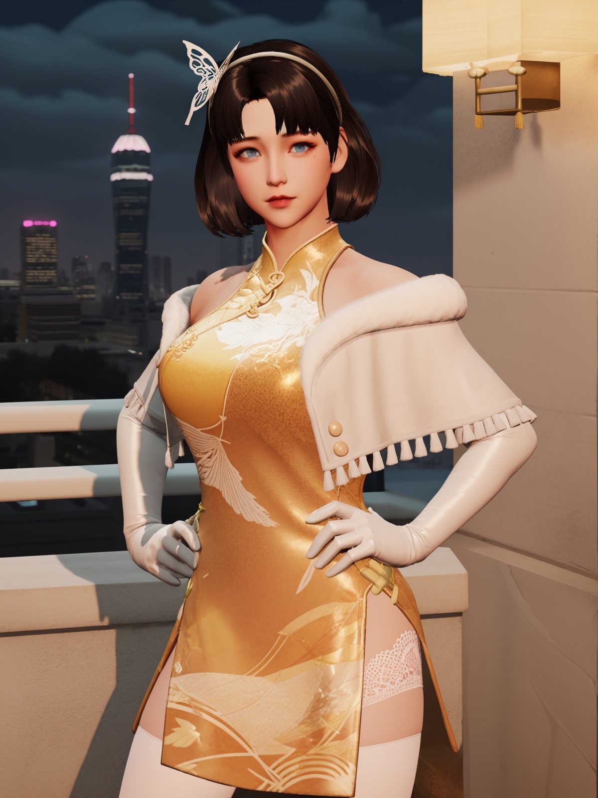 MRZHfushuyingchun, 1girl, solo, chinese clothes, elbow gloves, high heels, butterfly hair ornament, short hair, china dress, brown hair, blue eyes,yellow dress, lips, white thighhighs, side slit, hairband, lace-trimmed legwear, capelet, <lora:MRZHfushuyingchun:0.65>,cityscape, night, hand on hip, 