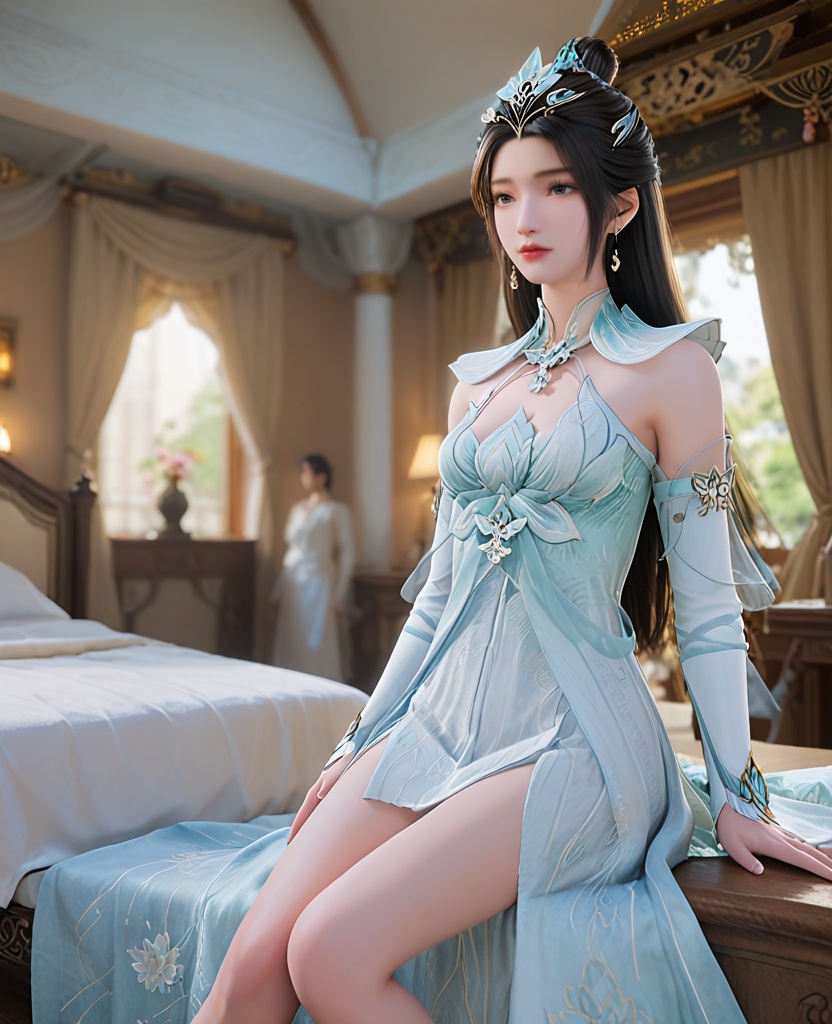 (oriental architecture, elegant decor, sophisticated style:1.1),(watching the stars next to the tent:1.1),(breasts:1.2),<lora:XL遮天颜如玉:0.95>,1girl,long hair,black hair,black eyes,earrings,hair_ornament,headpiece,breast,medium breast,bare shoulders,dress,white_dress,bare_legs,, score_9,score_8_up,score_7_up,score_6_up,score_5_up,score_4_up,3d rendering,tag1,tag2, Cinematic Lighting,backlighting,