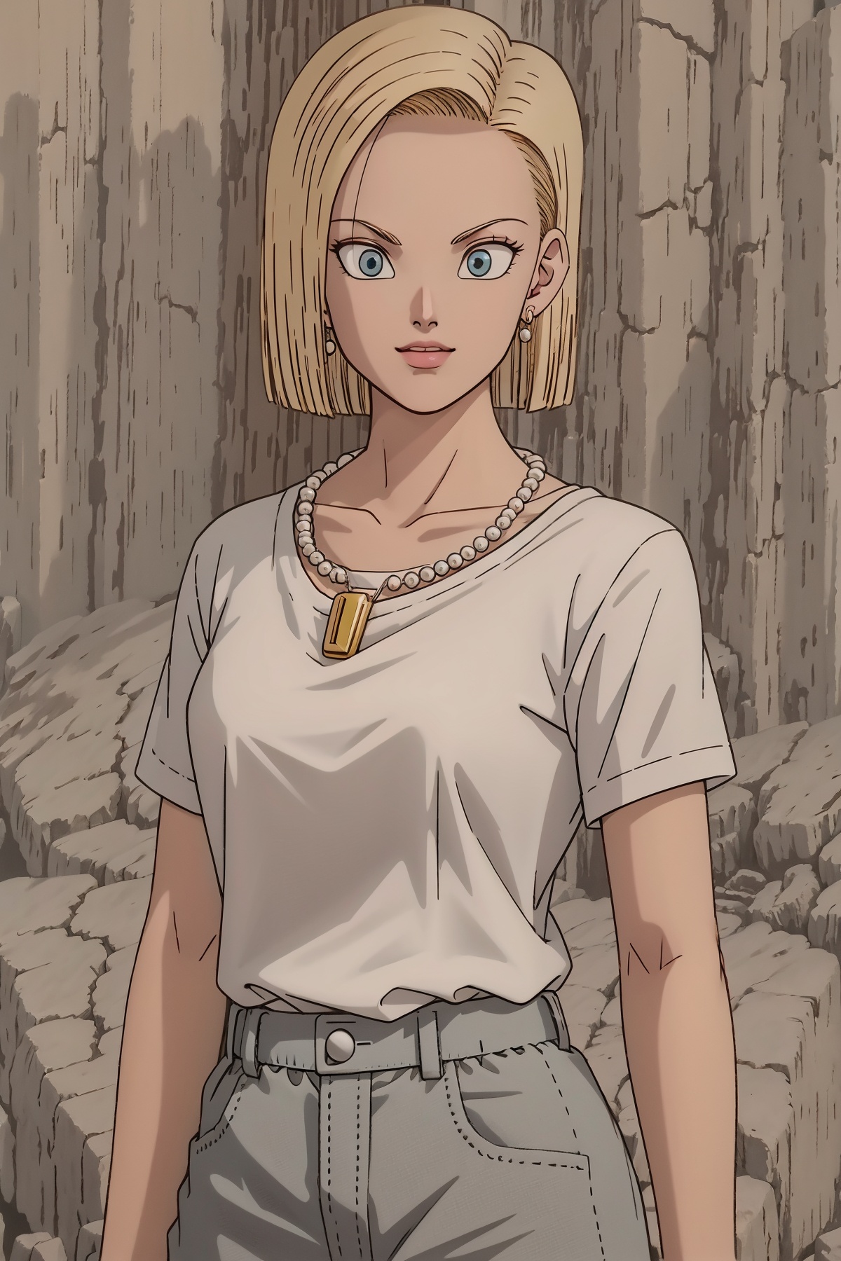 best quality, hyper realism, (ultra high resolution), masterpiece, 8K, RAWPhoto,1girl,,android 18, 1girl, solo, jewelry, blonde hair, earrings, short hair, necklace, blue eyes,,  upper body,, rock, seductive smile,pearl necklace,  white shirt,looking at viewer, ,  hyper_galaxy,plateau,forest, ,((upper body,)) ,,((full body,)) ,<lora:184:0.7>