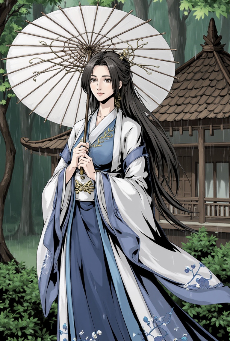 This is a digital artwork depicting a beautiful Asian woman with long,flowing black hair,standing in a lush,green forest during a light rain. She holds a large,white parasol with intricate designs,shielding herself from the raindrops. Her traditional blue and white kimono is adorned with gold accents and a wide,white obi belt. The woman's serene expression and elegant posture exude grace and calmness. Behind her,a traditional Japanese wooden building with shingled roofs and ornate details is partially visible through the foliage. The artist has used a soft,painterly style with rich,natural colors,capturing the tranquil and atmospheric setting. The overall mood is peaceful and reflective,evoking a sense of timeless beauty.,<lora:flux-lora-000010:1>,
