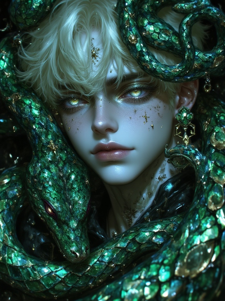 master piece,pretty boy,pale skin,white short hair,gold eyes,slit pupill,street fashion around snake,