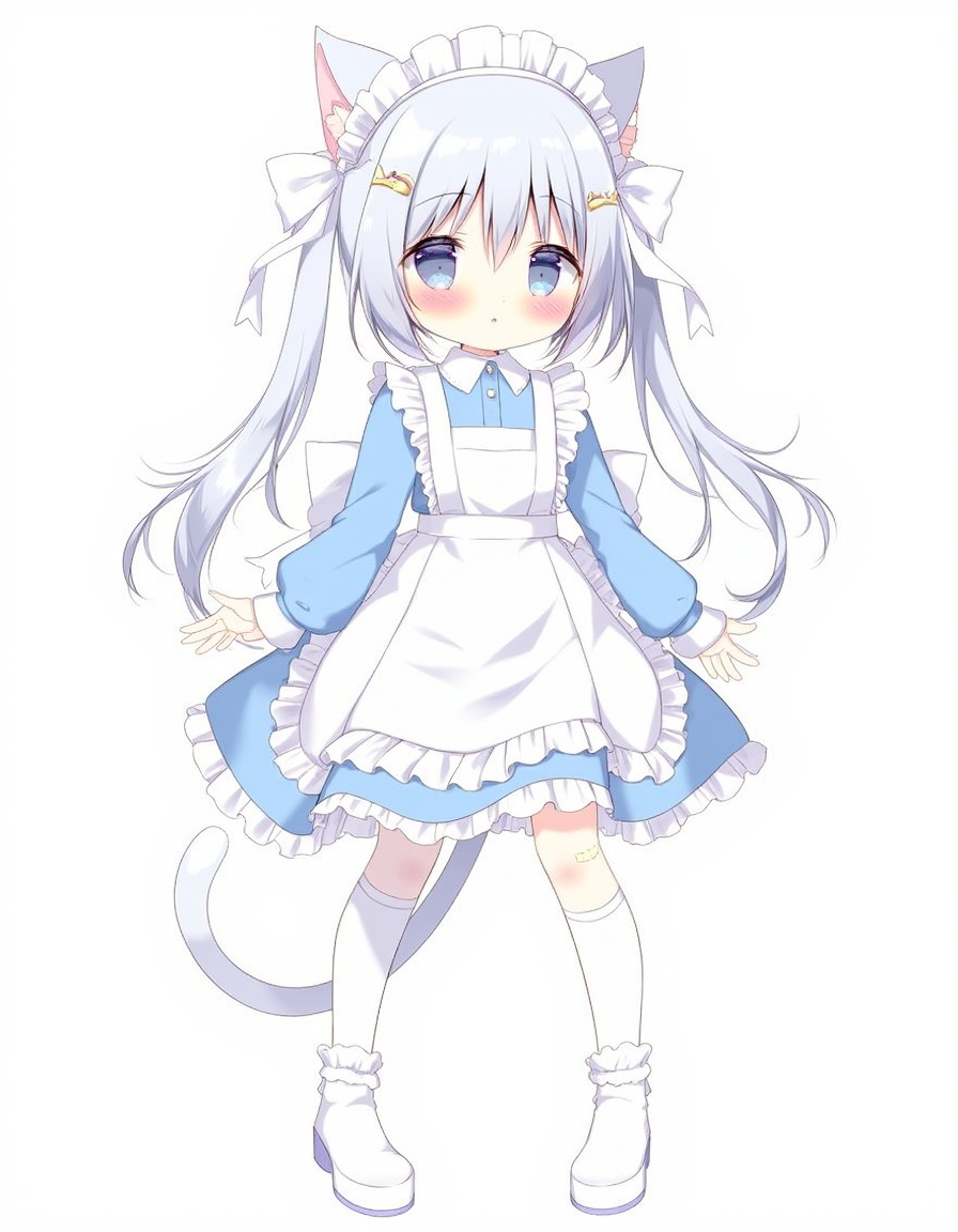 shiratama_(shiratamaco), commentary, highres, symbol-only_commentary, 1girl, angel_wings, animal_ear_fluff, animal_ears, apron, bandaid, bandaid_on_leg, blue_cardigan, blue_eyes, blush, bow, cardigan, cat_ears, cat_girl, cat_tail, fish_hair_ornament, frilled_apron, frills, hair_bow, hair_ornament, jersey_maid, leg_warmers, long_hair, long_sleeves, looking_at_viewer, maid, maid_headdress, , solo, tail, tail_bow, tail_ornament, twintails, unconventional_maid, very_long_hair, white_apron, , white_bow, white_footwear, white_hair, white_leg_warmers, white_wings, wings, , original, year_2024,, <lora:flux-Shiratamaco-000008:1>