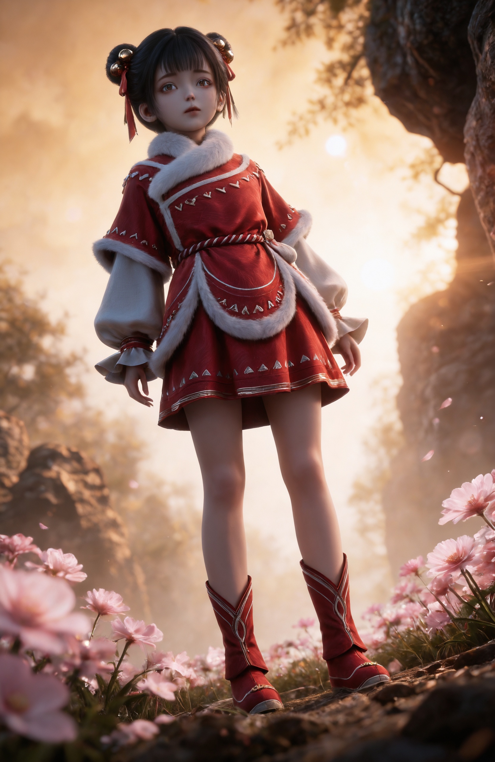 <lora:剑来2-李宝瓶IL:0.7> 1girl,child, black hair, hair ornament, short hair, double bun, hair ribbon, brown eyes, chinese clothes, red dress, hair bell, boots, red footwear,, realistic style photo,outstanding style,Use soft lighting to cast gentle shadows on the subject,adding a touch of dimension to your images without compromising details,whirls of vapor,(Anime:1.1),soft neon light,ethereal ambiance,delicate details,magical atmosphere,concept art,highly detailed,ultra-high resolution,32K UHD,sharp focus,best-quality,masterpiece,golden hour,unconventional supreme masterpiece,masterful details,temperate atmosphere,with a high-end texture,in the style of fashion photography,magazine style,Dynamic Angle,Dynamic posture,magazine style,Dynamic Angle,Dynamic posture,(cowboy_shot:1.2),eye trail,depth of field,cinematic lighting,lens flare,close-up,extreme aesthetic,(wlop:0.6),(honjou raita,lack,rella,wanke:0.5),masterpiece,best quality,good quality,newest,year 2025,very aesthetic,absurdres,Visual impact,A shot with tension,ultra-high resolution,32K UHD,sharp focus,best-quality,masterpiece,Emotionalization,unconventional supreme masterpiece,masterful details,temperate atmosphere,with a high-end texture,in the style of fashion photography,(Visual impact:1.2),giving the poster a dynamic and visually striking appearance,