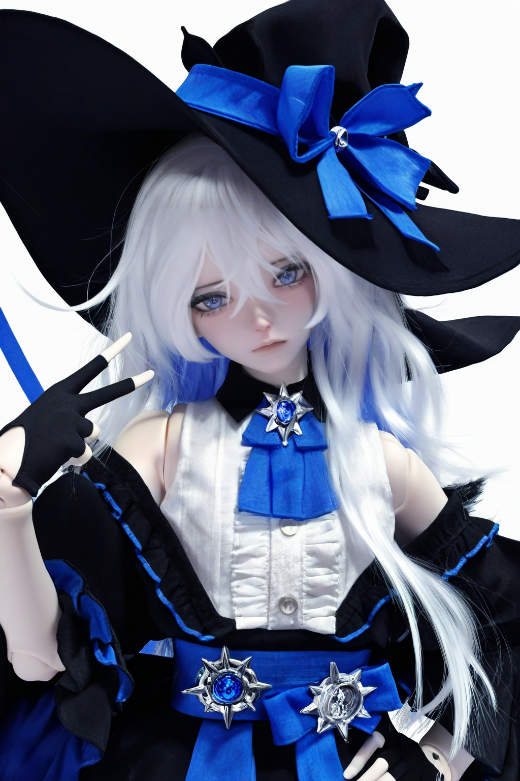 highres,absurdres,Visual impact,masterpiece,best quality,very aesthetic,newest,amazing quality,very awa,doll joints,joints,<lora:DOLL-Style:0.8>,\\,(white background:1.6),(portrait:2),(upper body:1.5),looking at viewer,(straight-on:2),looking at viewer,1girl,solo,ascot,black feather,blue bow,blue curtains,bow,hat bow,head tilt,white hair,messy hair,long hair,Witch hat,blue sash,blue doodle,wavy hair,bare shoulder,cold expression,black lolita dress,black skirt,blue_ inner_hair,black fingerless gloves,uneven legwear,asymmetrical legwear,one leg wear white stocking,one leg wear black stocking,hand on own hip,v