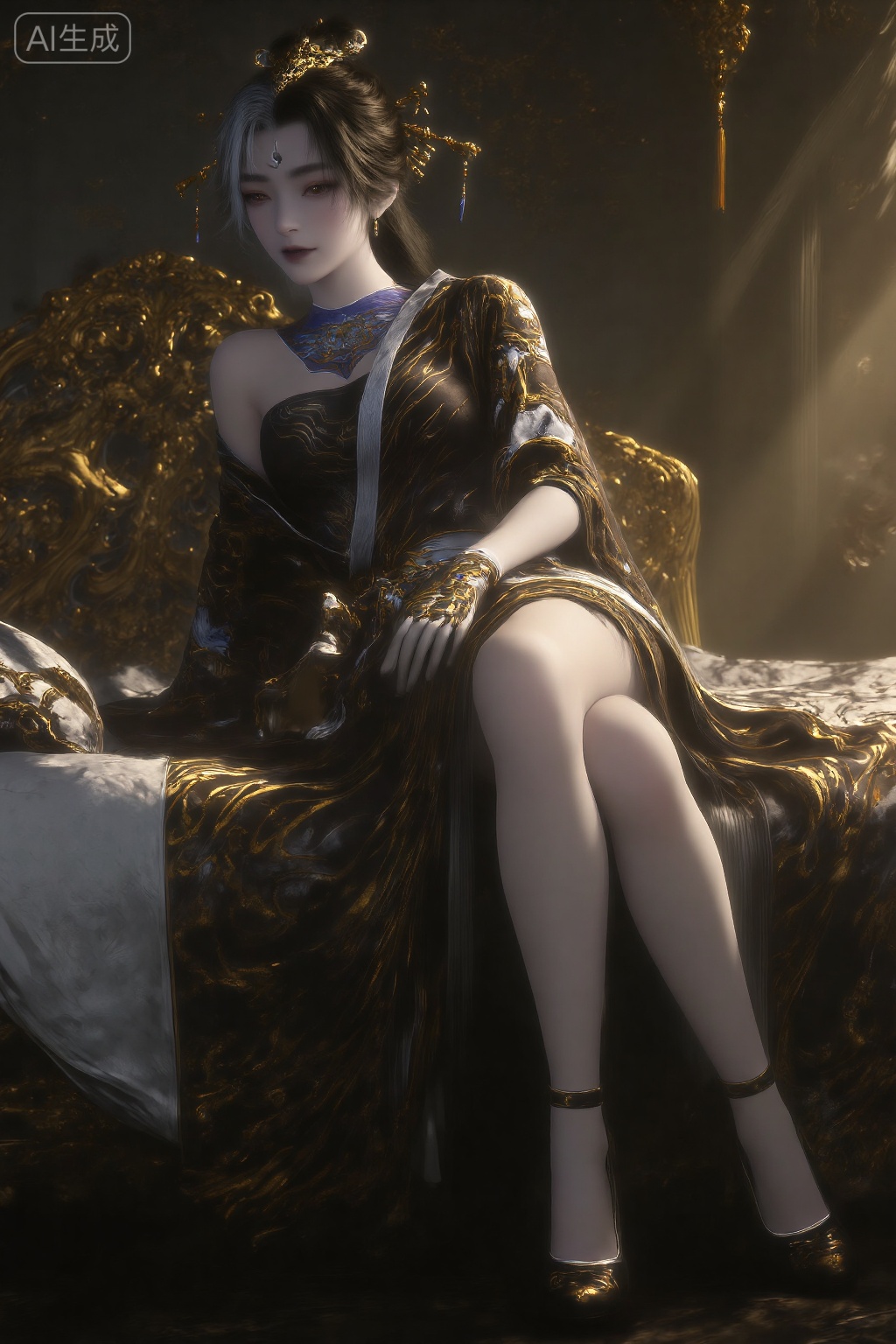 A highly detailed CGI image of a beautiful Asian woman with pale skin and long black hair,styled with a white streak and adorned with gold hairpins. She wears an elegant,ornate black and silver dress with a high slit,revealing her thigh.,wearing black high heels,,  She reclines on a luxurious bed,positioned centrally in the frame. Her body is angled slightly to the side,with her right arm bent and resting on the bed,while her left arm is gently placed on her waist. Her legs are slightly bent,with one leg resting over the other,exuding an air of relaxed elegance. The scene is enhanced by warm,golden lighting that casts soft shadows across her figure and the ornate bed,highlighting the intricate details of her attire and the luxurious surroundings.,masterpiece,best quality,astonishing quality,ultimate aesthetics,absurd,best quality,ultimate aesthetics,masterpiece,emotional masterpiece,extraordinary above all,mastery of details,, Negative prompt: ng_deepnegative_v1_75t,(badhandv4:1.2),EasyNegative,(worst quality:2),,nsfw, Steps: 30, Sampler: DPM++ 2M, CFG scale: 3.5, Seed: 351526815, Size: 1024x1536, Model hash: 062dad72b2, Model: 麦橘超然majicFlus_v1.safetensors, Denoising strength: 0, RNG: CPU, Lora 1: 20250904-1756986734983-0010, Lora Hash 1: 1d768e946d, Lora Weight 1: 1.2, Lora 2: 《墨染冥照》|古风插画|唯美意境画风系列, Lora Hash 2: 0c05ef6259, Lora Weight 2: 0.6, vae_name: automatic