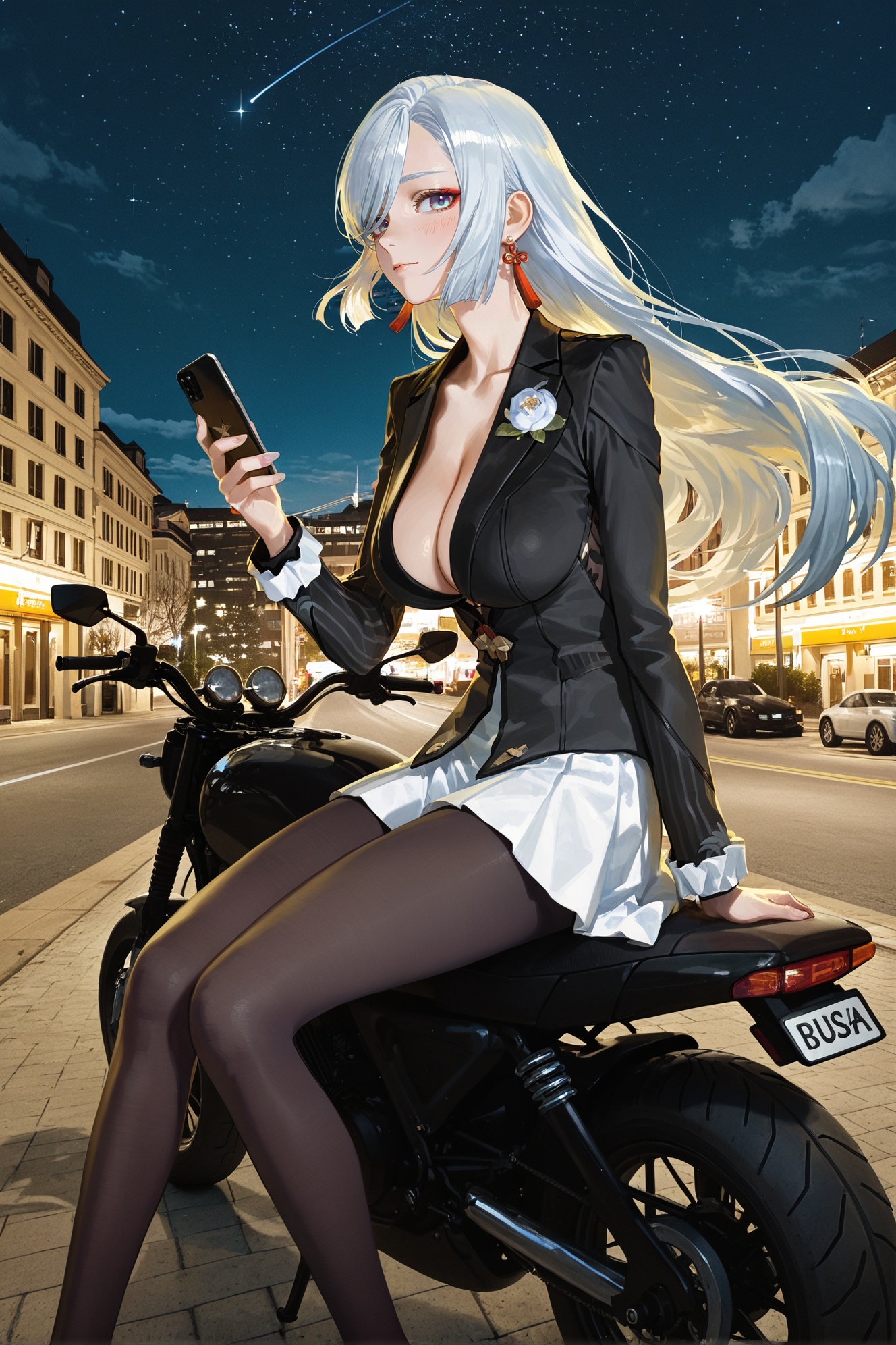 (artist: nanoless, artist: misumi \(macaroni\):0.25),original,low_quality,normal_quality,(by xilmo, by modare, by reoen:1.1),(hyperrealistic:1.1),(high_contrast:1.1),(depressed_(\theme\):1.2),(horror_\(theme\):1.1),(russia:1.2),(photo background:1.2),buildings,architecture,solo,closed mouth,large breasts,(black-color-scheme:1.1),outdoors,scenery,(breasts),looking_at_viewer,blush,smile,long_sleeves,dress,holding,cleavage,jewelry,medium_breasts,sitting,full_body,earrings,outdoors,parted_lips,detached_sleeves,sky,cloud,night,floating_hair,shadow,cellphone,(ground_vehicle:1.1),building,star_(sky),night_sky,(motor_vehicle:1.1),smartphone,starry_sky,holding_phone,city,road,motorcycle,shooting_star,shenhe \(genshin impact\), <lora:yixuan-moxin-ill-Tanger:0.8>,clothes: moxing black suit,white  ruffled underdress peeks,attached auxiliary sleeves,black pantyhose,moxing black suit jacket,