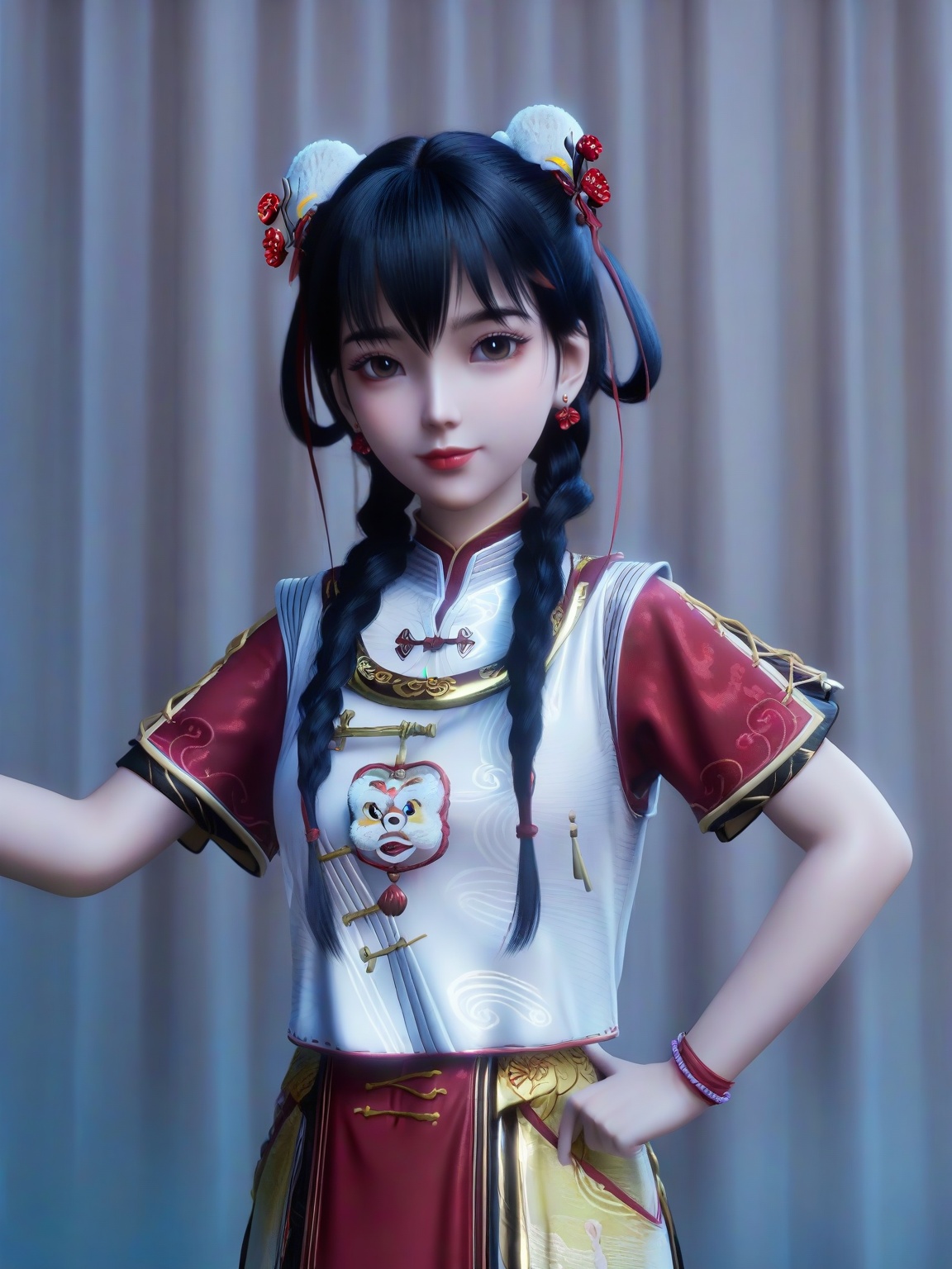 score_9,1girl,solo,standing,twin braids,bangs,hair ornament,brown eyes,earrings,chinese clothes,dress,breasts,black hair,double bun,lipstick,short sleeves,skirt,looking at viewer,upper body,<lora:SF_JiYuanBao_Pony_Realism2.3-000004:0.72>,